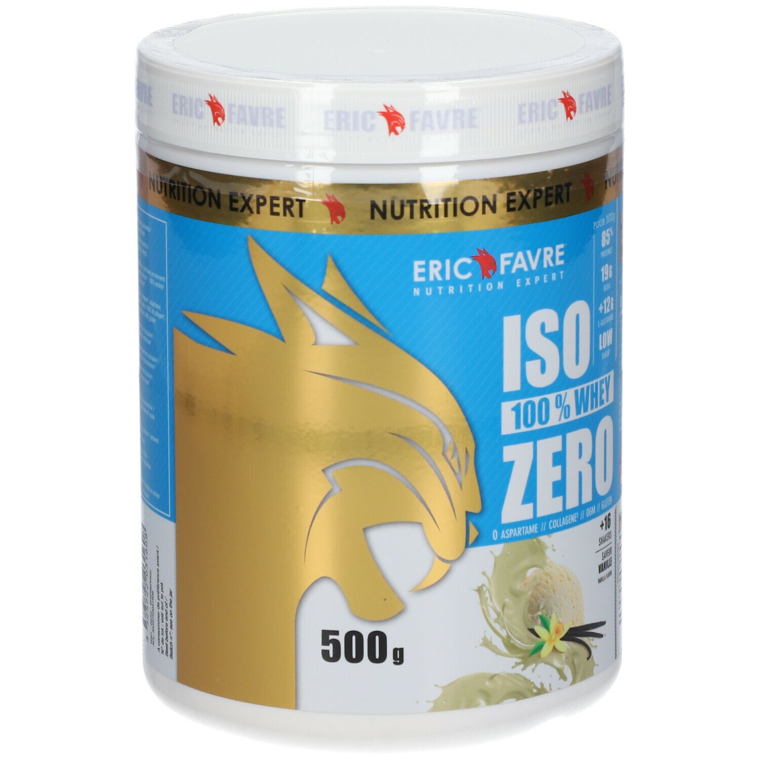 ERIC FAVRE Iso Zero 100% Whey Protein Vanille, 500g Dose mit goldenem Löwenmotiv.