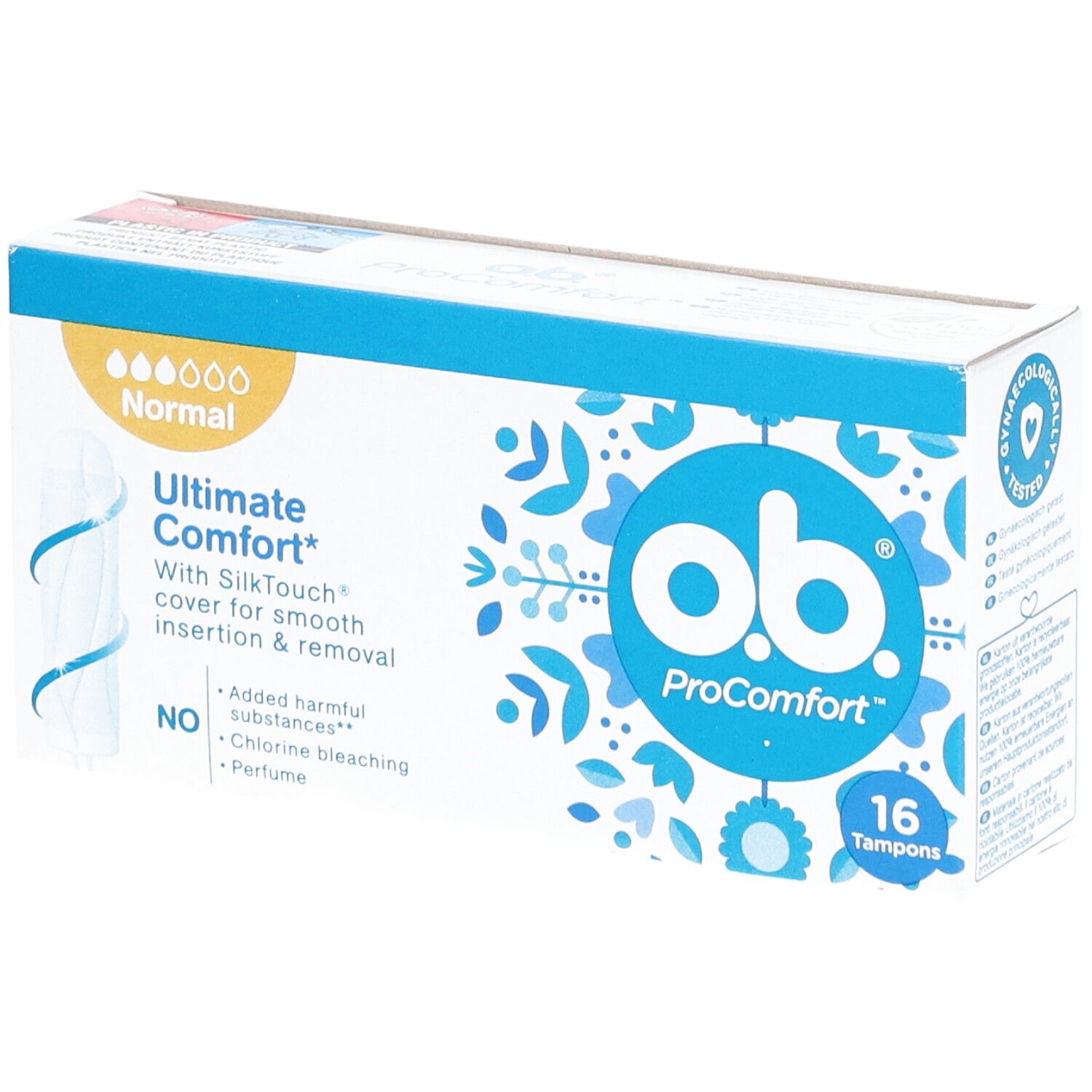 Boîte de tampons ob ProComfort, 16 unités. Avec enveloppe SilkTouch pour une insertion et un retrait en douceur.