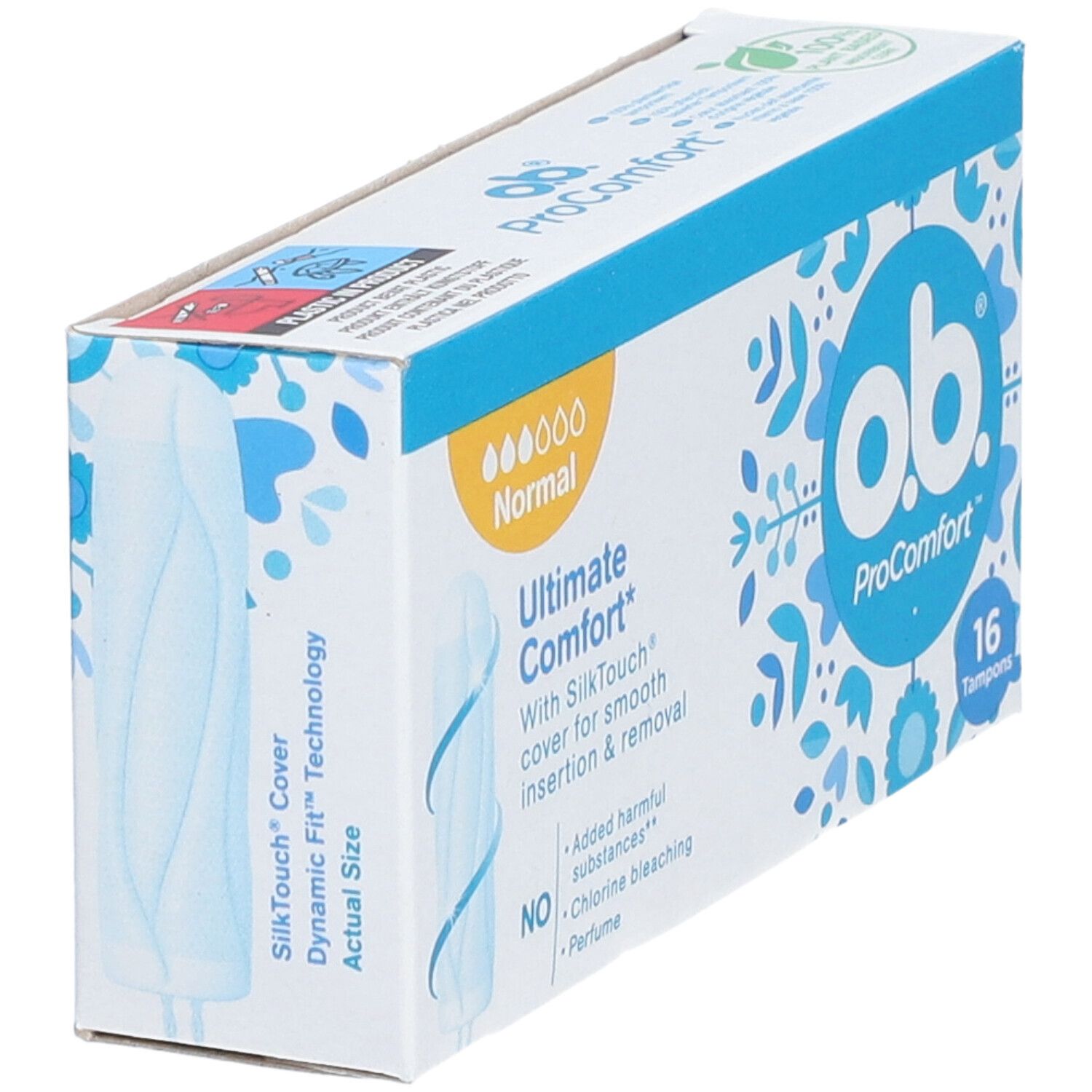 Vue en biais de la boîte de tampons ob ProComfort. 16 unités. Avec enveloppe SilkTouch.