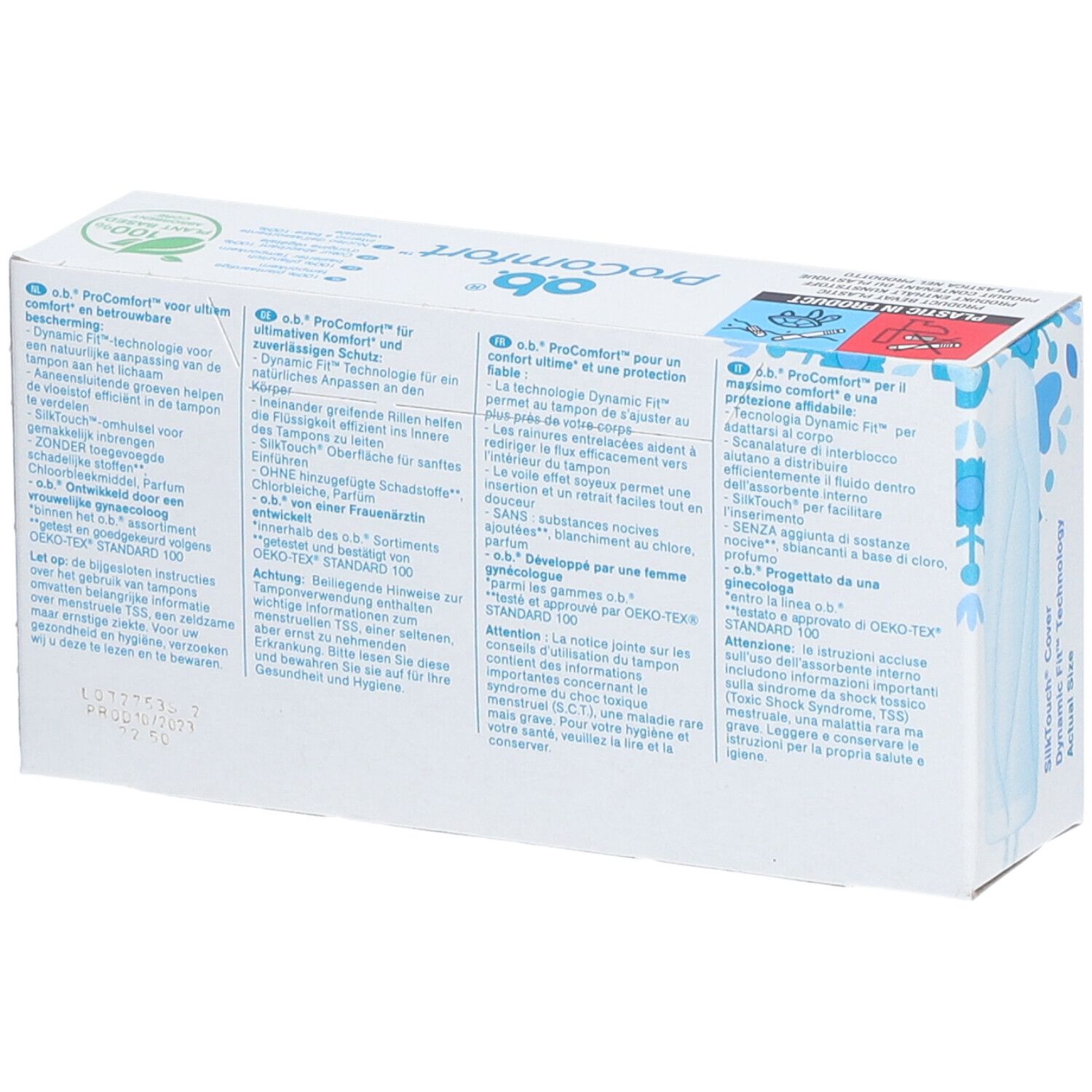 Dos de la boîte de tampons ob ProComfort. Texte en allemand, français, italien et néerlandais.