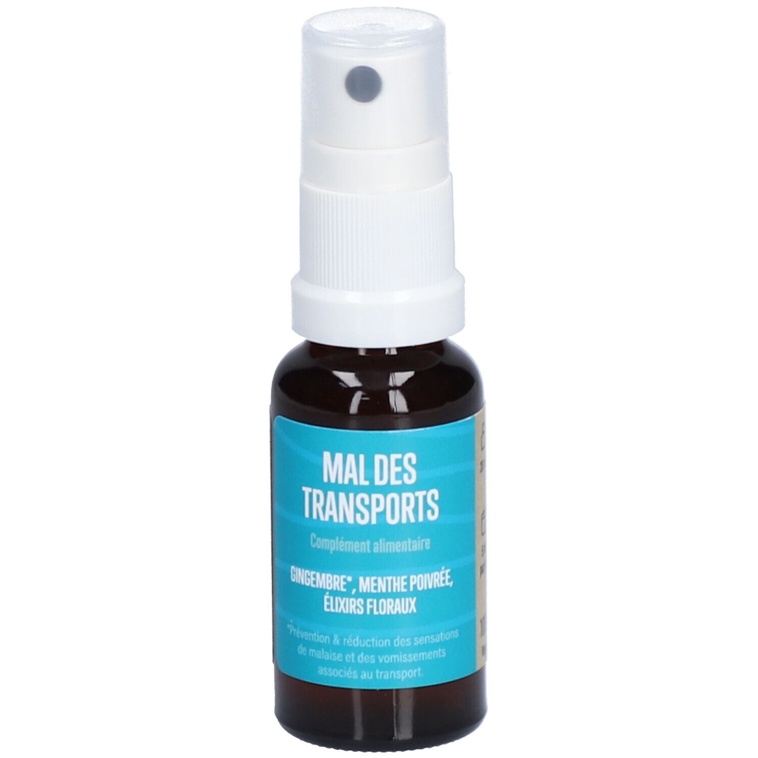 Braune Flasche mit weißem Sprühkopf. Aufschrift: MAL DES TRANSPORTS. Ergänzungsmittel. Ingwer, Pfefferminze, Blütenessenzen.