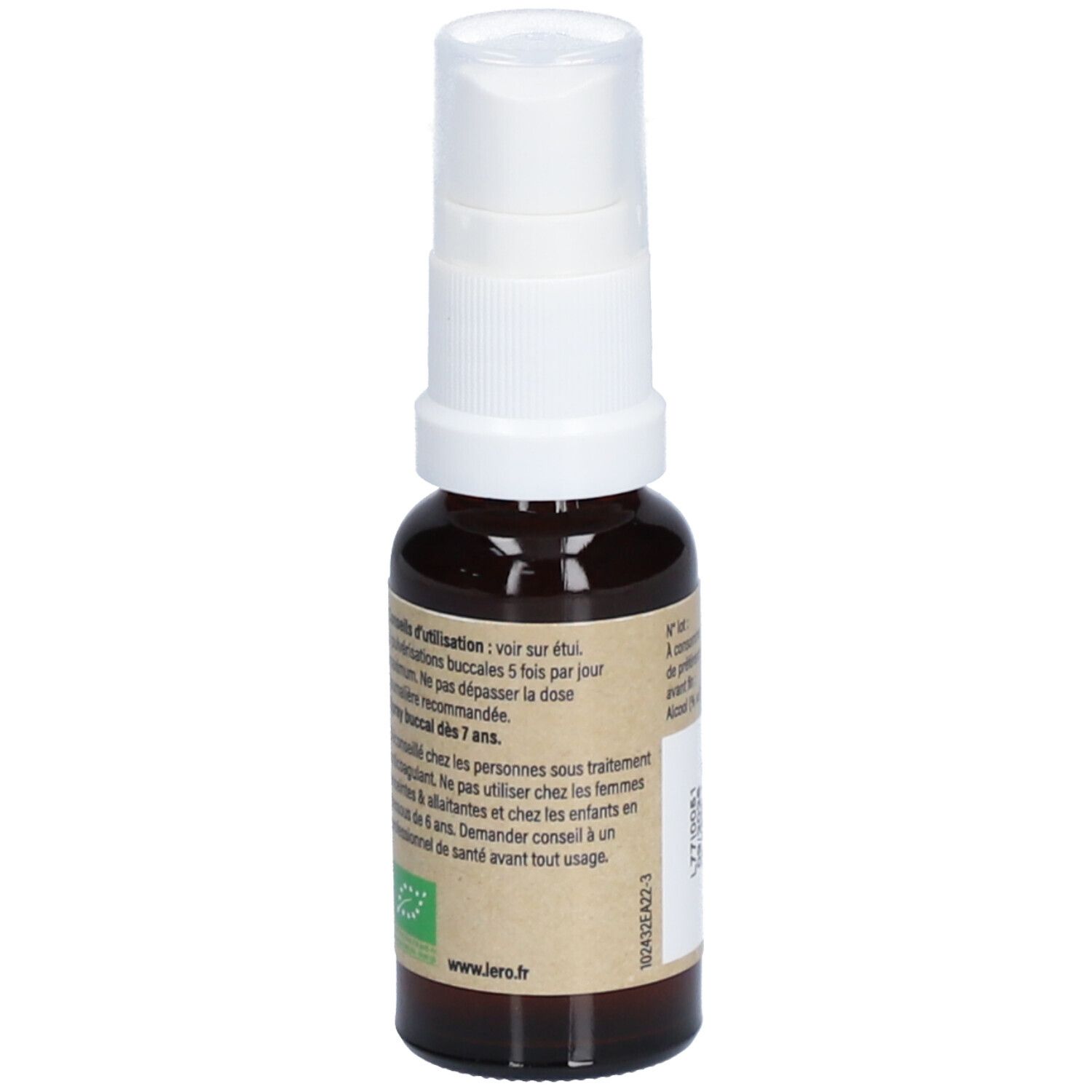 Braune Flasche mit weißem Sprühkopf. Aufkleber mit Informationen. Hinweise zur Anwendung. Bio-Zertifizierung.