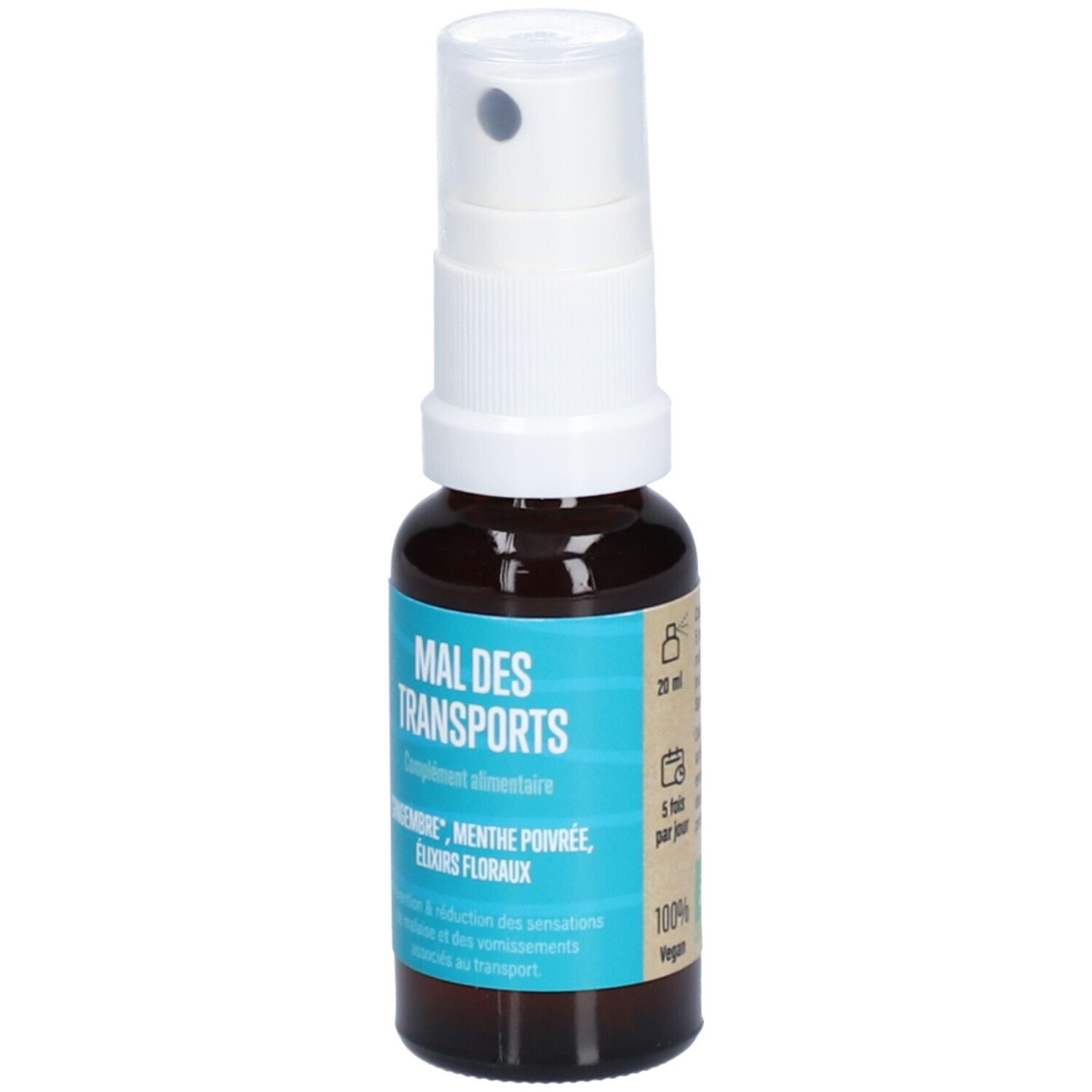 Braune Flasche mit weißem Sprühkopf. Aufschrift: MAL DES TRANSPORTS. Ergänzungsmittel. Ingwer, Pfefferminze, Blütenessenzen. 20 ml.