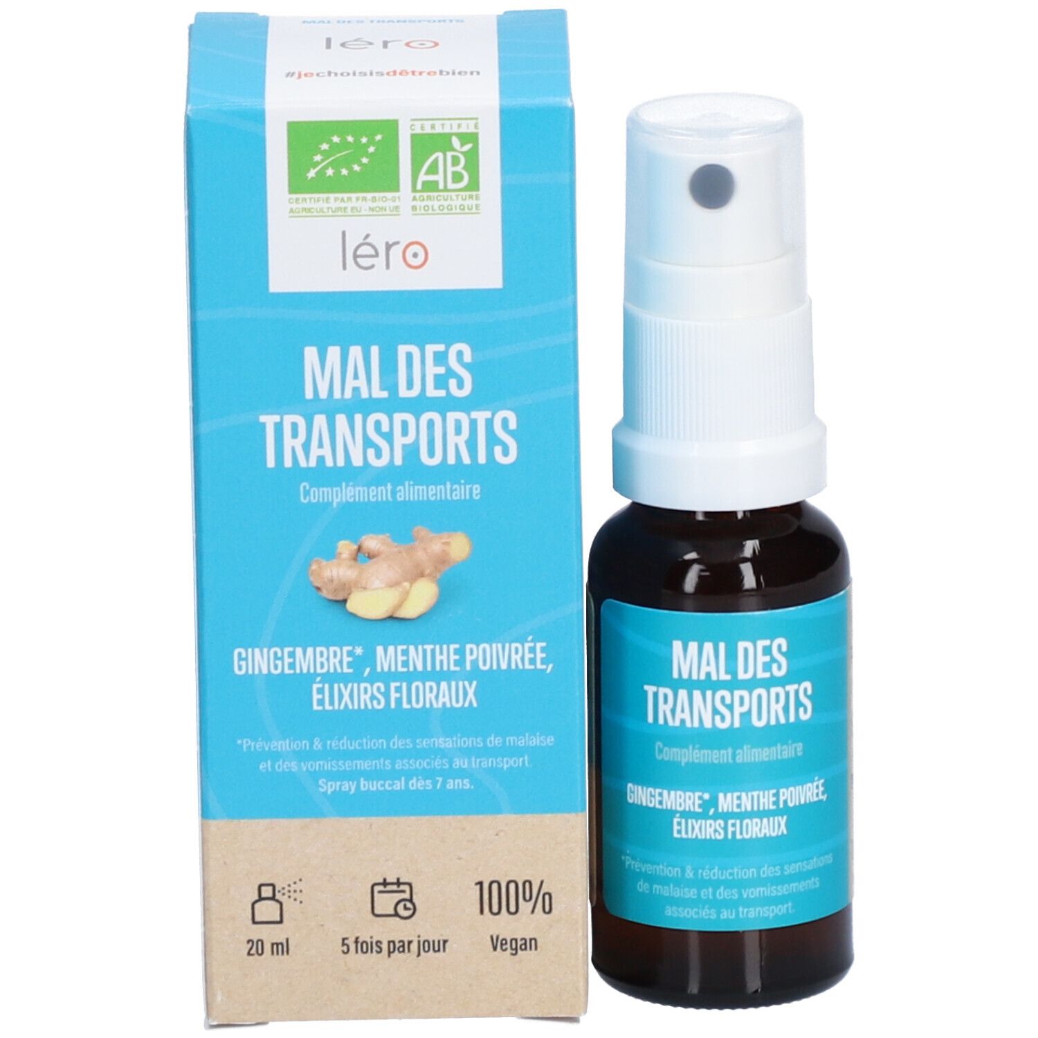 Produktverpackung mit Flasche. Aufschrift: MAL DES TRANSPORTS. Ergänzungsmittel. Ingwer, Pfefferminze, Blütenessenzen. 20 ml. Vegan.