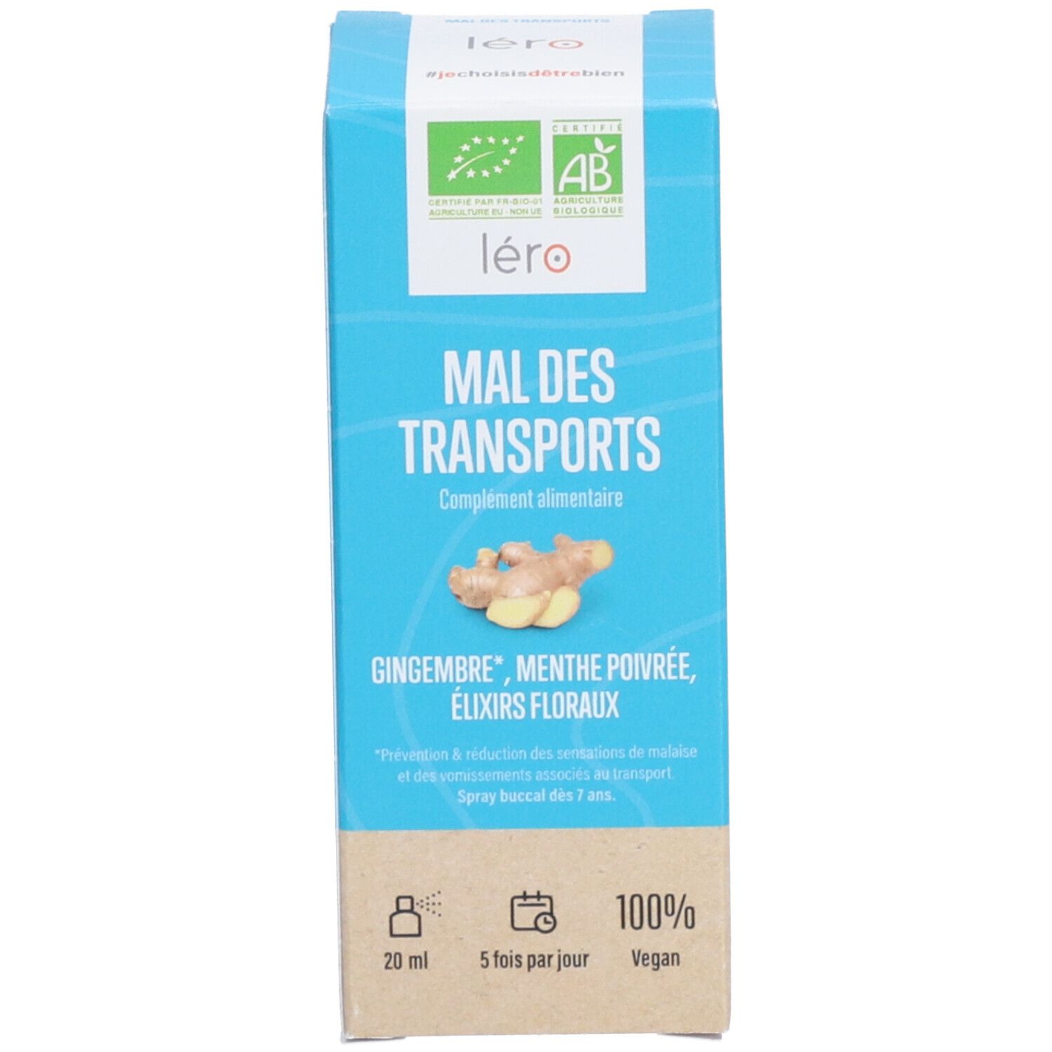 Produktverpackung. Aufschrift: MAL DES TRANSPORTS. Ergänzungsmittel. Ingwer, Pfefferminze, Blütenessenzen. 20 ml. Vegan. Bio-Zertifizierung.