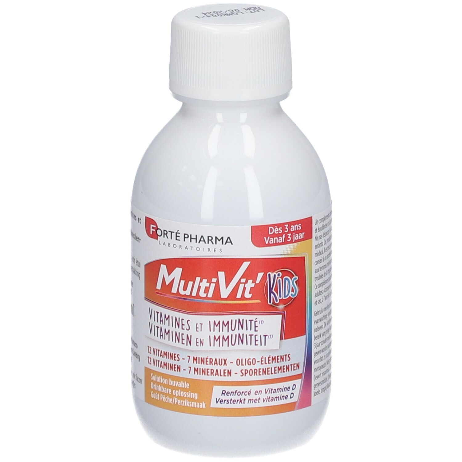 Flacon blanc avec bouchon blanc. Étiquette avec nom MultiVit'Kids, vitamines et minéraux. Dès 3 ans.