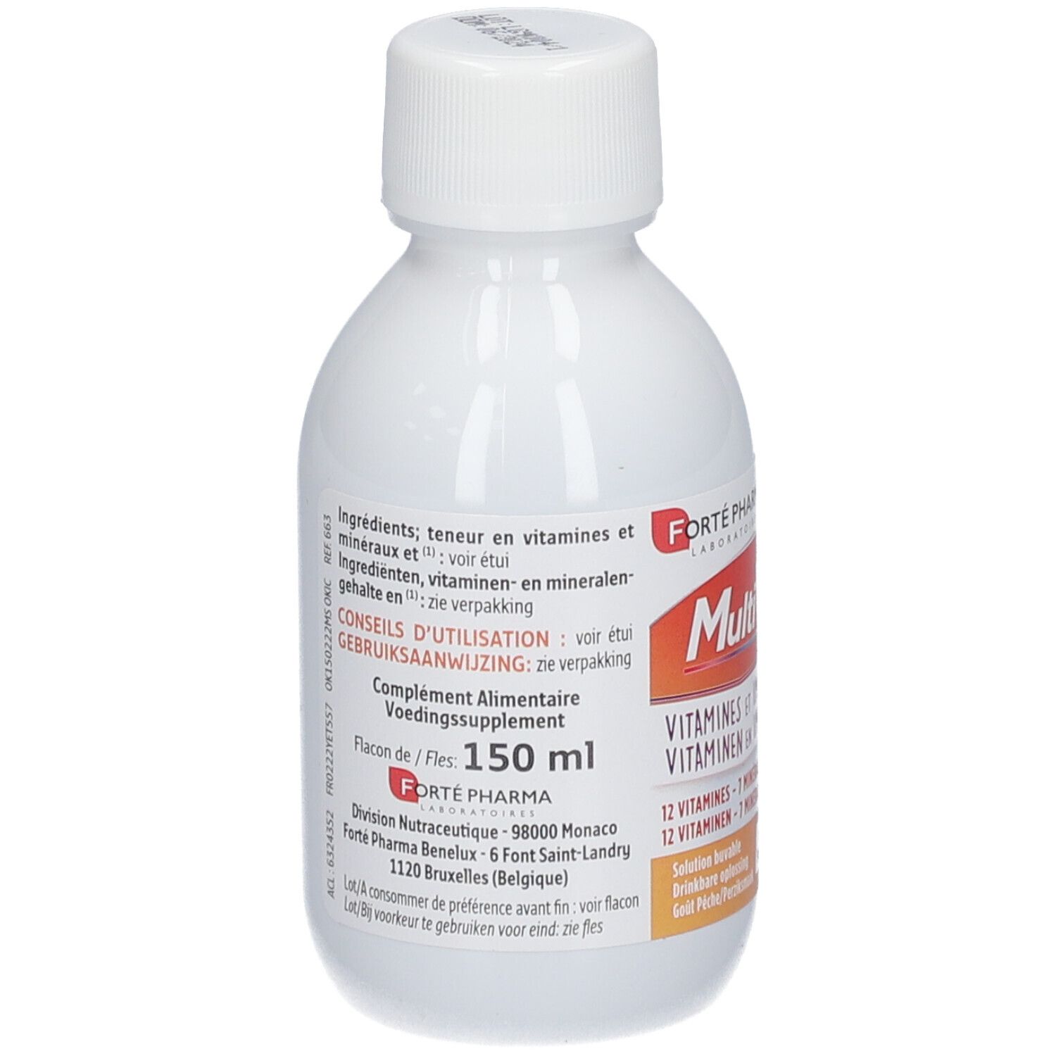 Flacon blanc avec bouchon blanc. Étiquette avec informations produit et volume 150 ml. Marque Forté Pharma.