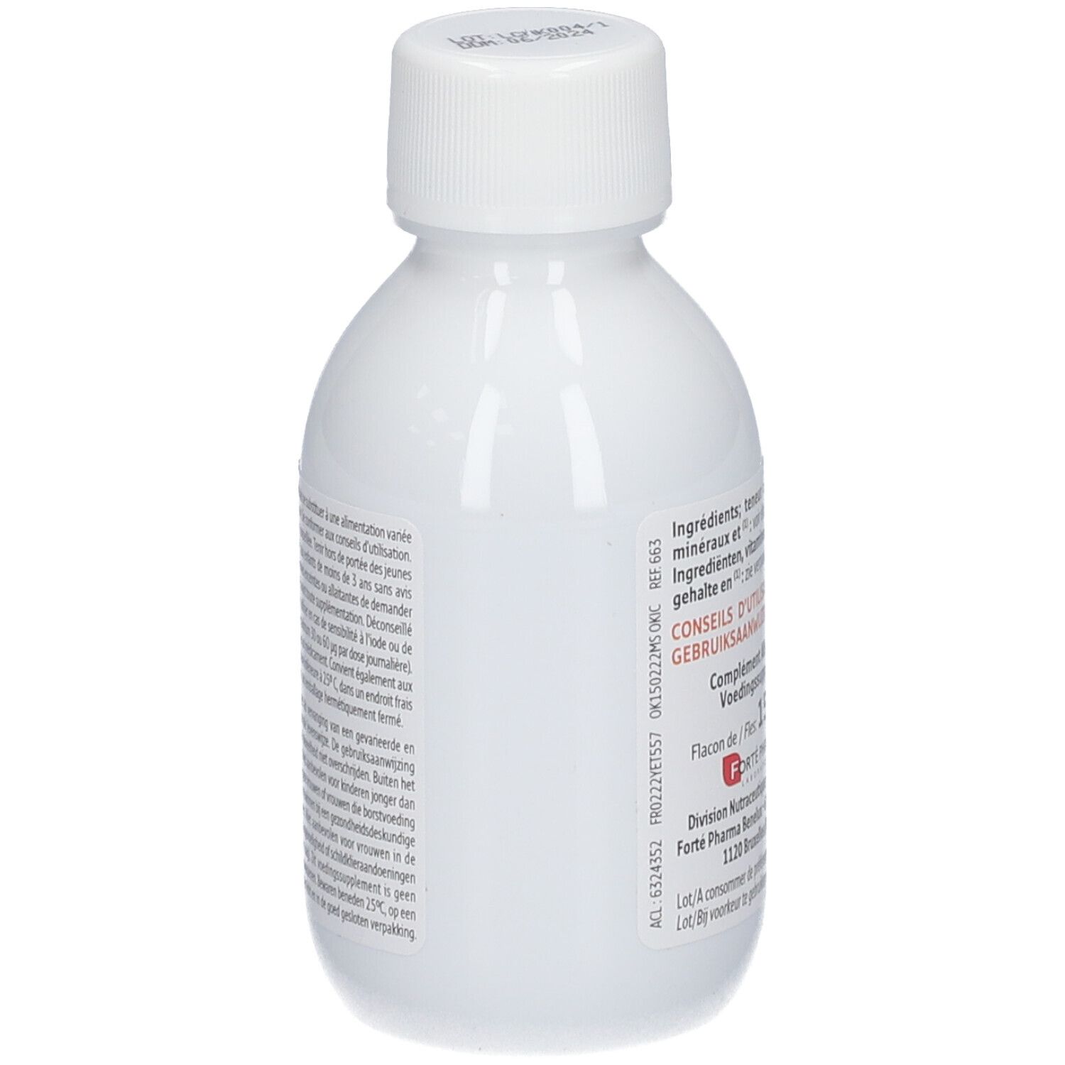 Flacon blanc avec bouchon blanc. Étiquette avec informations produit. Marque Forté Pharma.