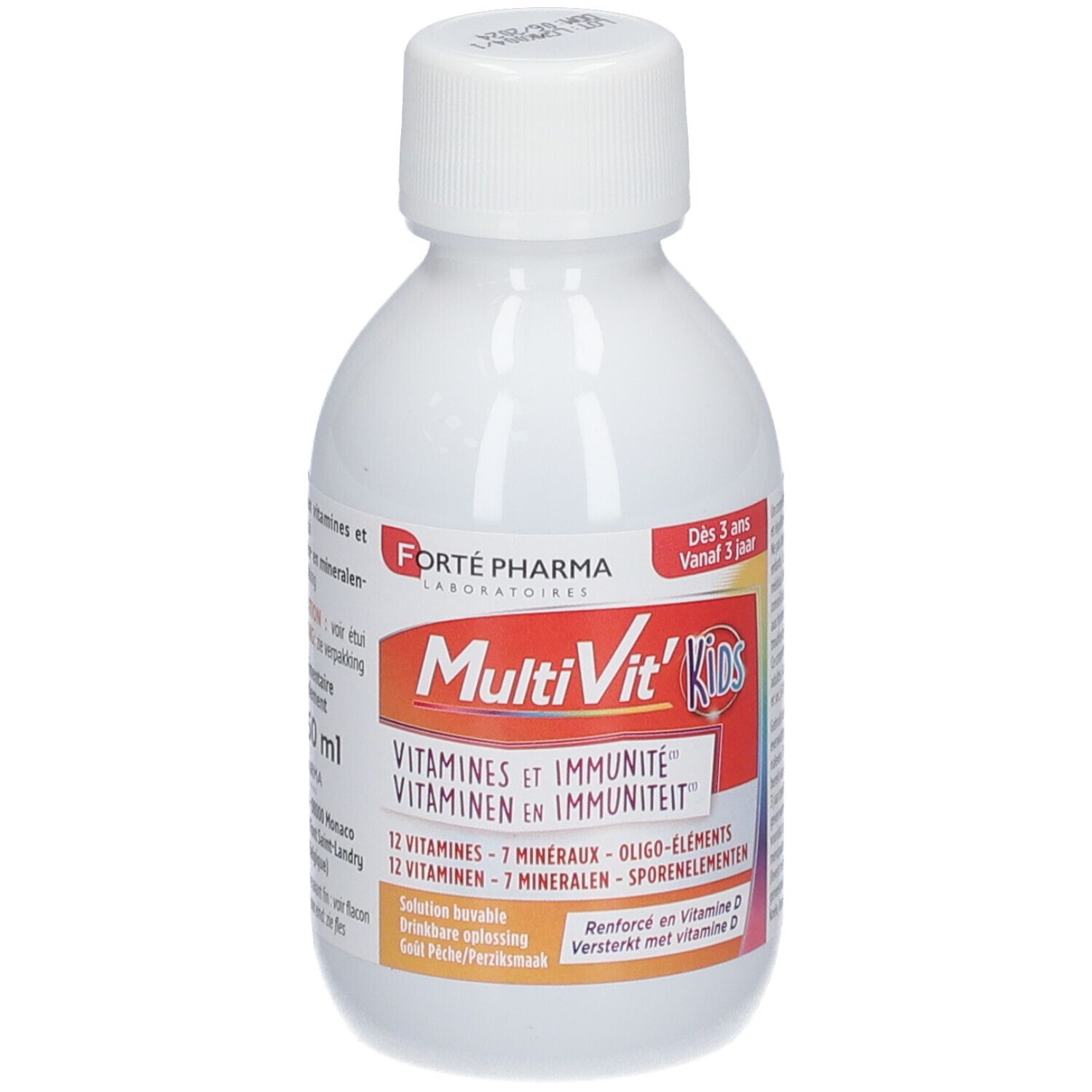 Flacon blanc avec bouchon blanc. Étiquette avec nom MultiVit'Kids, vitamines et minéraux. Dès 3 ans.