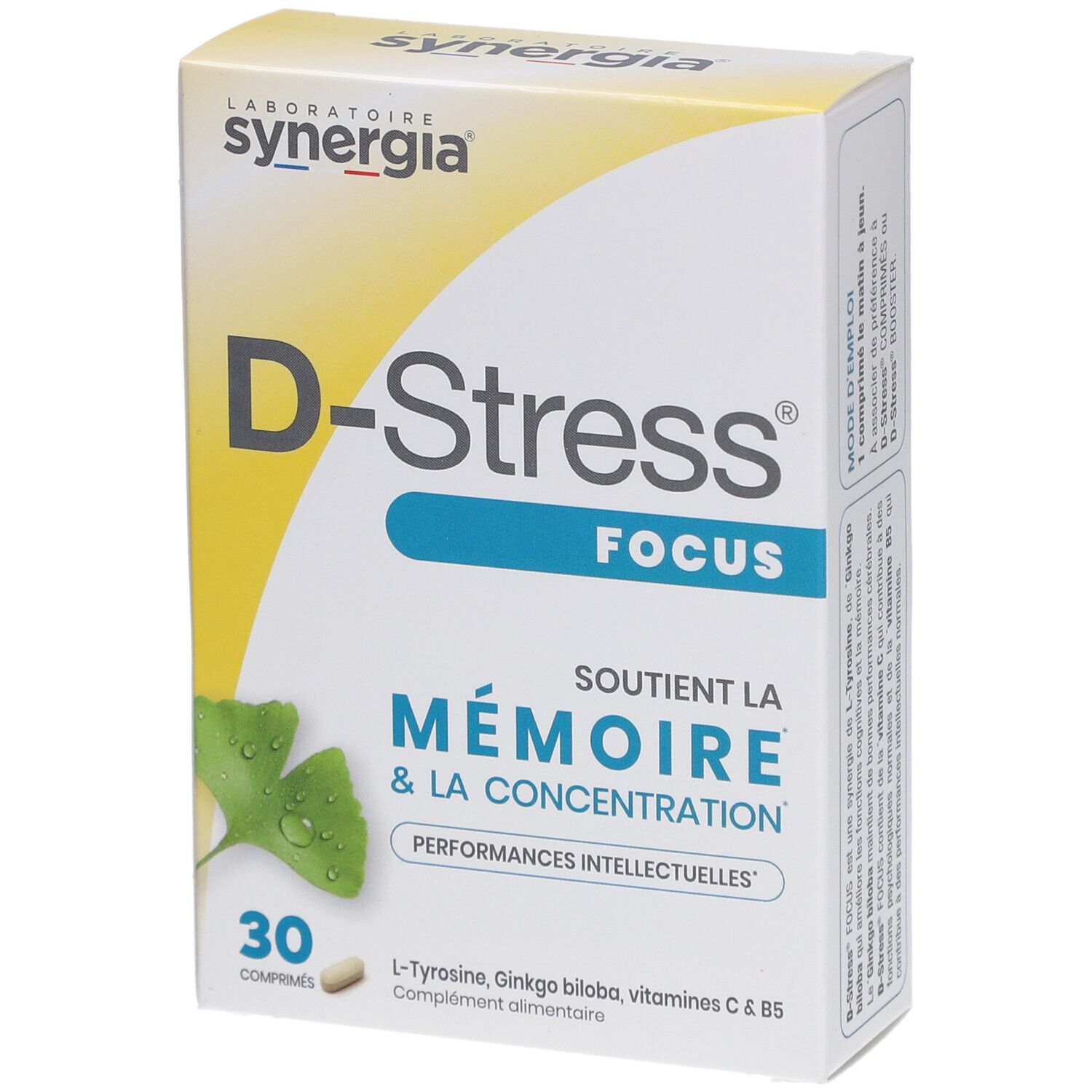 Schachtel mit "D-Stress Focus"-Nahrungsergänzungsmittel. Enthält 30 Tabletten. Aufschrift: "Soutient la mémoire & la concentration".