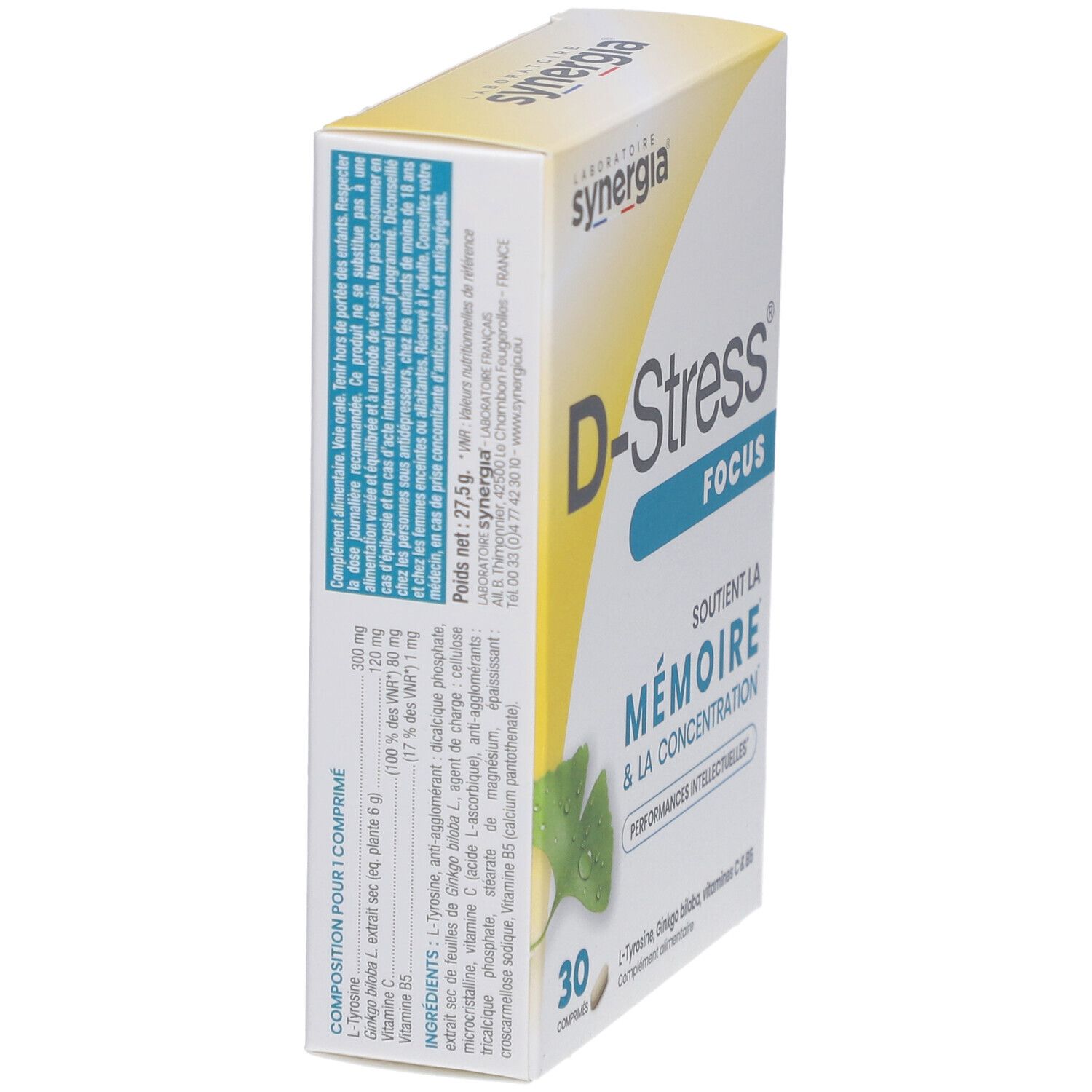 Schachtel "D-Stress Focus" in Schrägansicht. Aufschrift: "D-Stress Focus". Enthält 30 Tabletten. Details zu Inhaltsstoffen und Nährwerten.