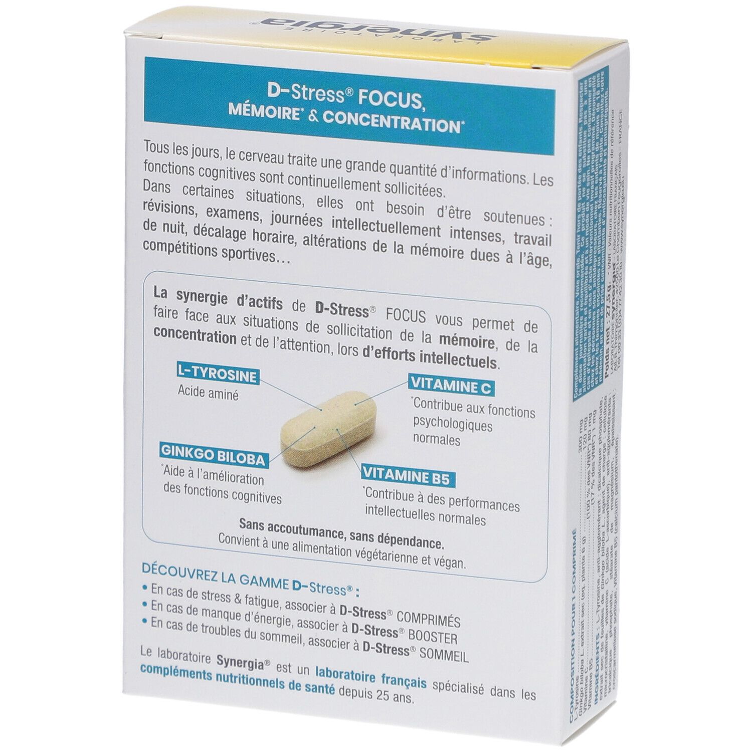 Rückseite der "D-Stress Focus"-Schachtel. Text über die Inhaltsstoffe und die Anwendung. Abbildung einer Tablette.