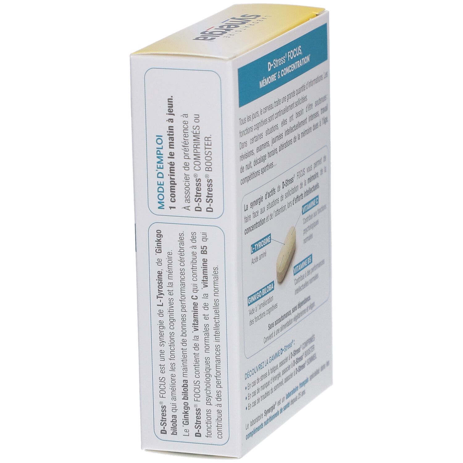 Schachtel "D-Stress Focus" in Schrägansicht. Aufschrift: "D-Stress Focus". Text über die Anwendung und Inhaltsstoffe.