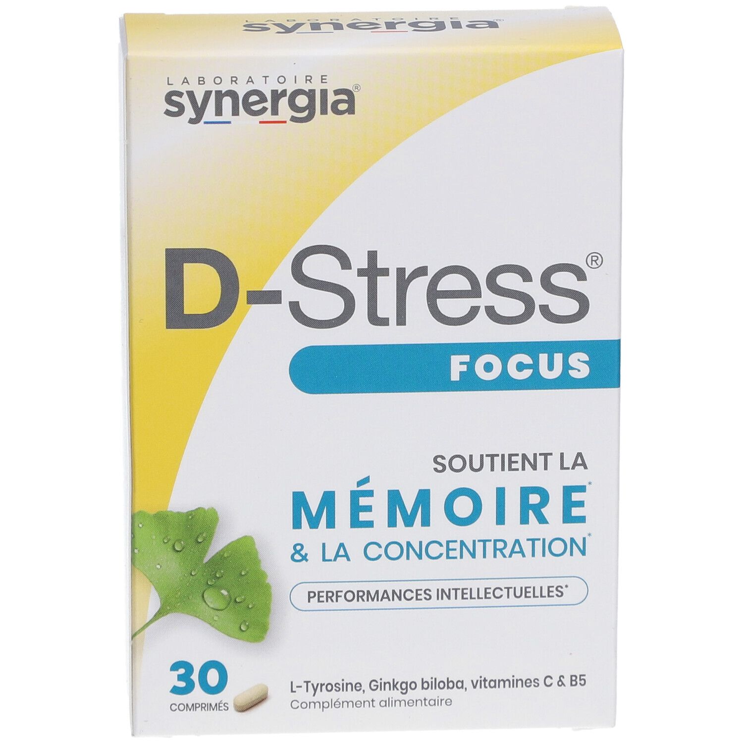 Vorderseite der "D-Stress Focus"-Schachtel. Aufschrift: "D-Stress Focus". Enthält 30 Tabletten. Text: "Soutient la mémoire & la concentration".