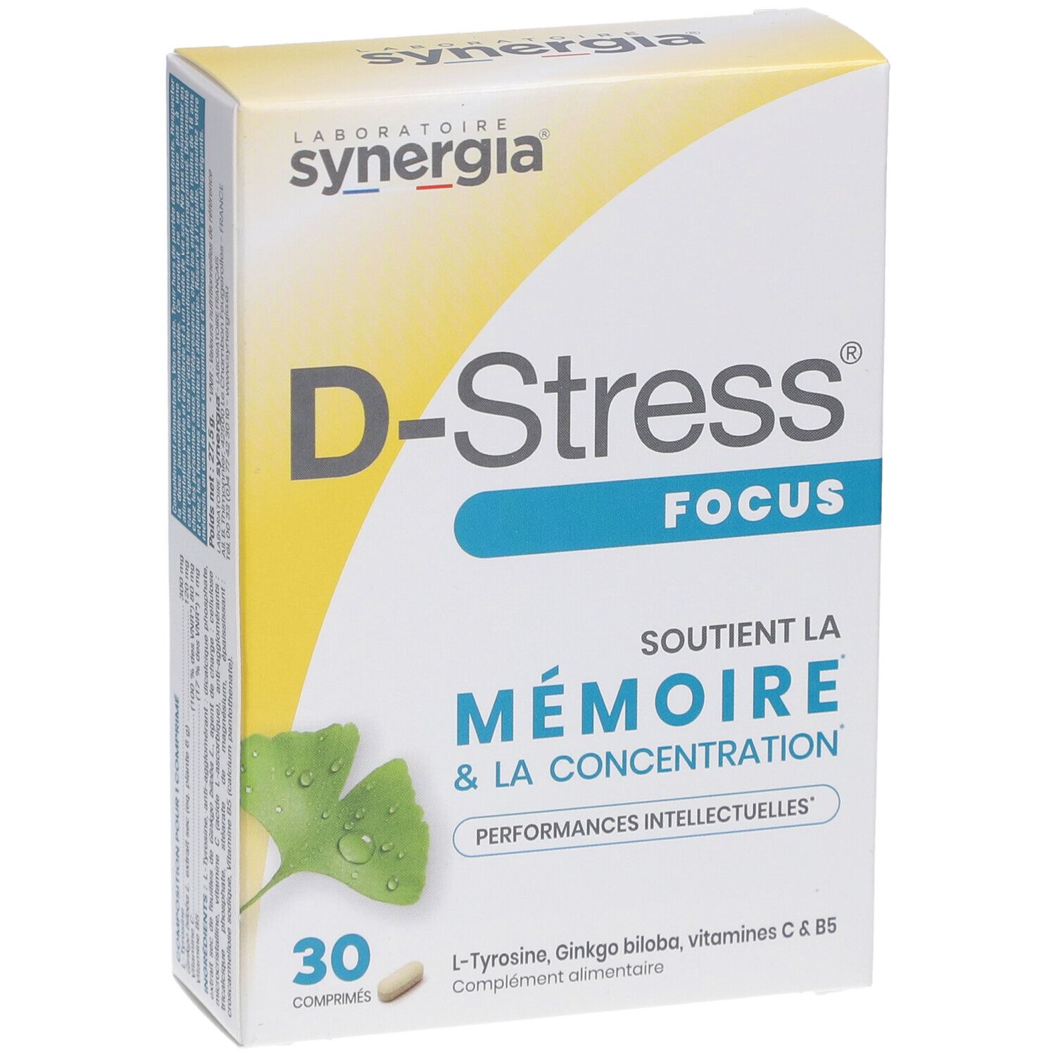 Vorderseite der "D-Stress Focus"-Schachtel. Aufschrift: "D-Stress Focus". Enthält 30 Tabletten. Text: "Soutient la mémoire & la concentration".
