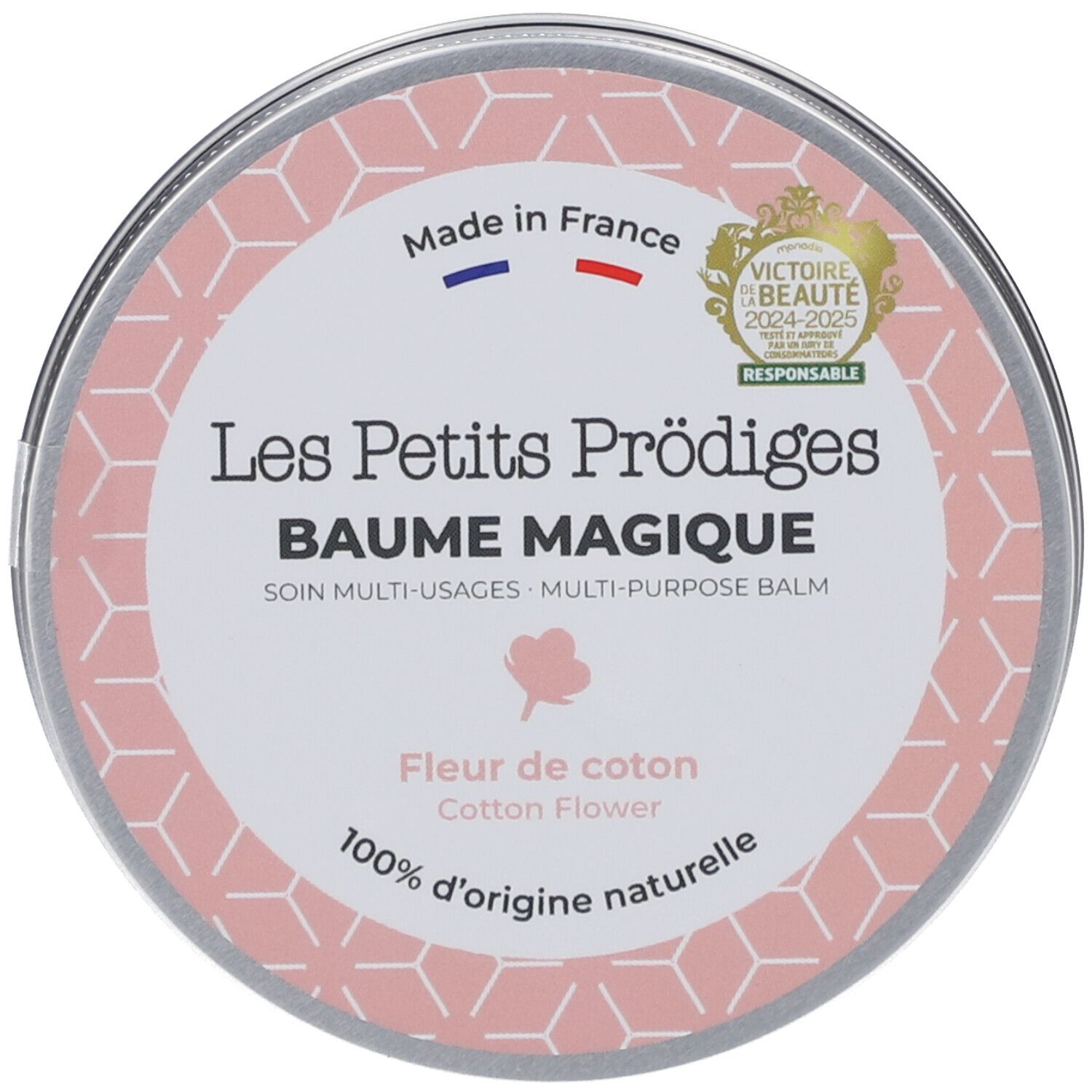 Boîte ronde avec étiquette rose. Texte: Les Petits Prodiges, Baume Magique, Fleur de coton. Fabriqué en France. Label.