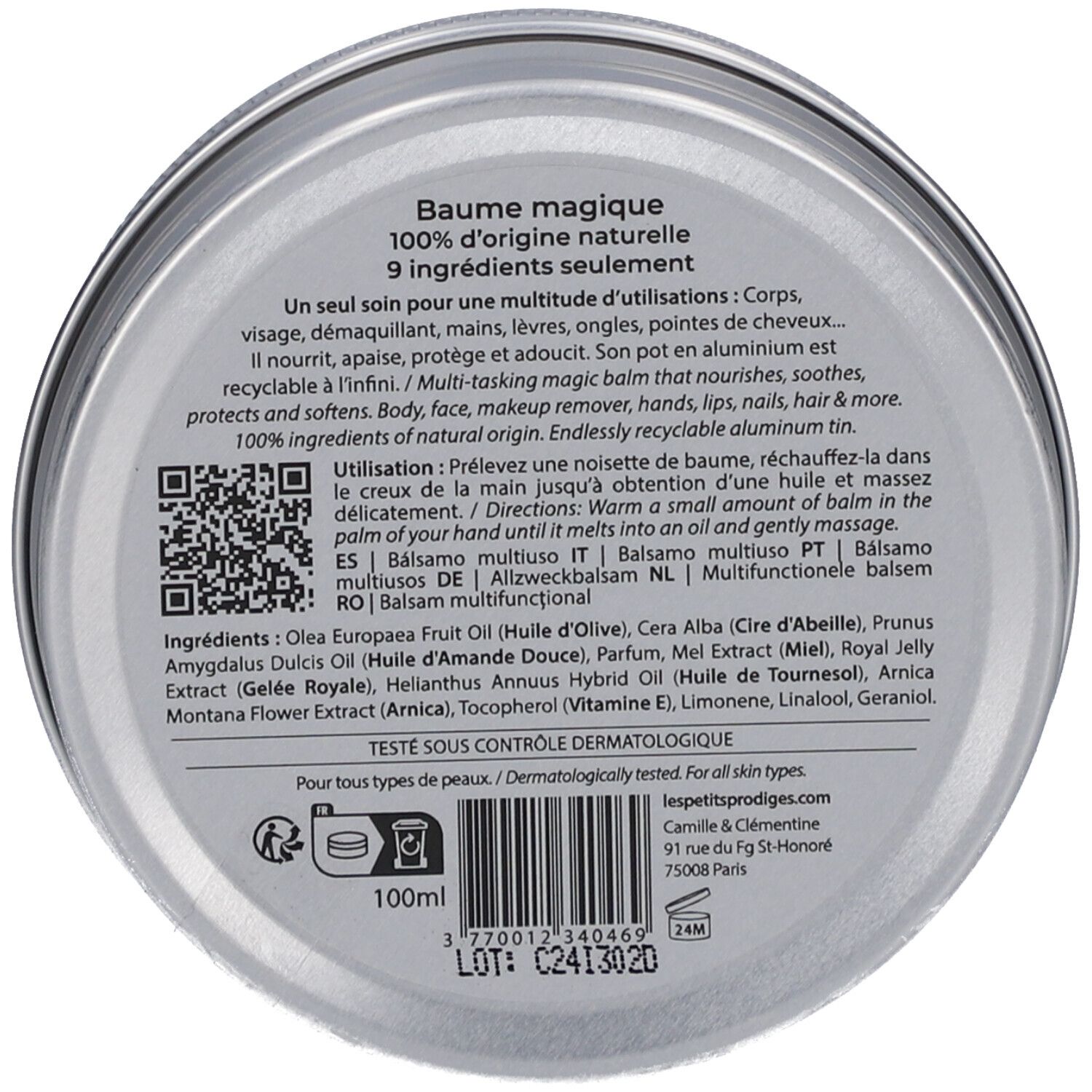 Dos de la boîte. Texte: Baume magique, 100% d'origine naturelle, 9 ingrédients essentiels. Code QR. 100ml. Testé dermatologiquement.