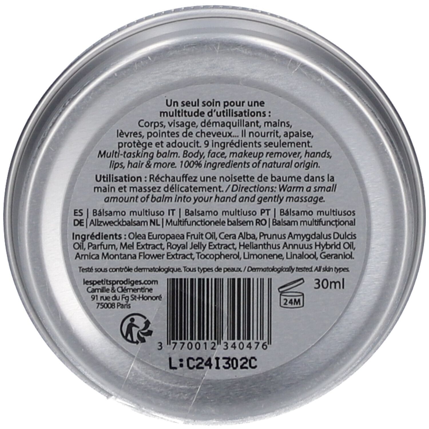 Runde Dose, Unterseite. Text: Un seul soin pour une multitude d'utilisations. 30ml. Barcode. Text: Testé sous contrôle dermatologique.