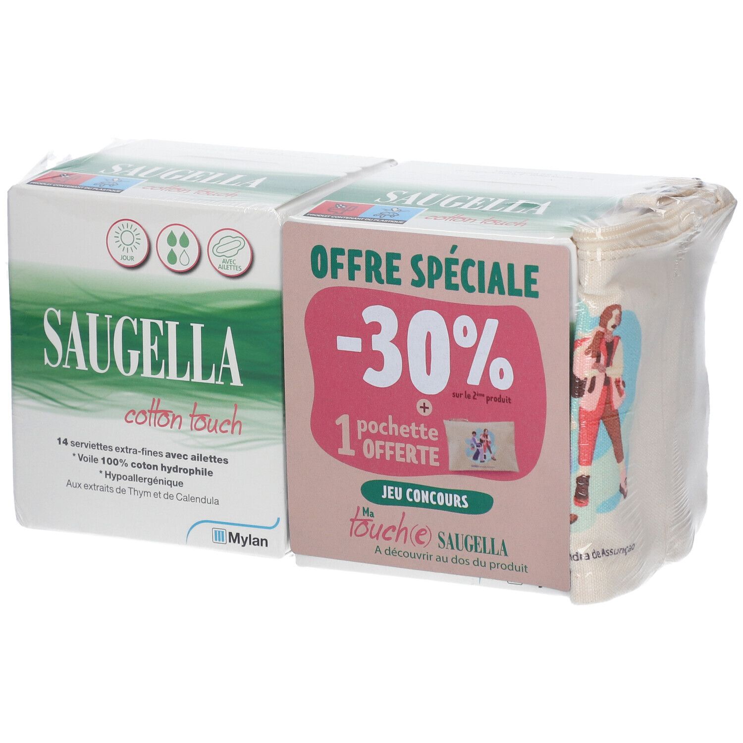 Verpackung mit Saugella Binden. Zwei Kartons, einer mit grünem Design und Produktinformationen, der andere mit einem Rabattangebot.
