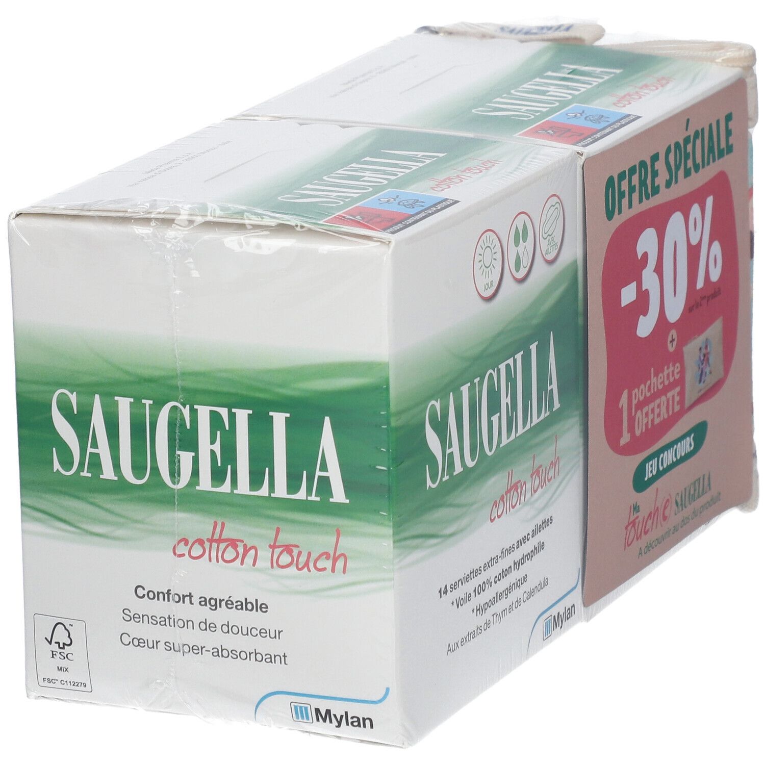 Verpackung von Saugella Binden. Zwei Kartons, in Folie verpackt. Aufdruck mit Produktnamen, Logo und Werbebotschaft.