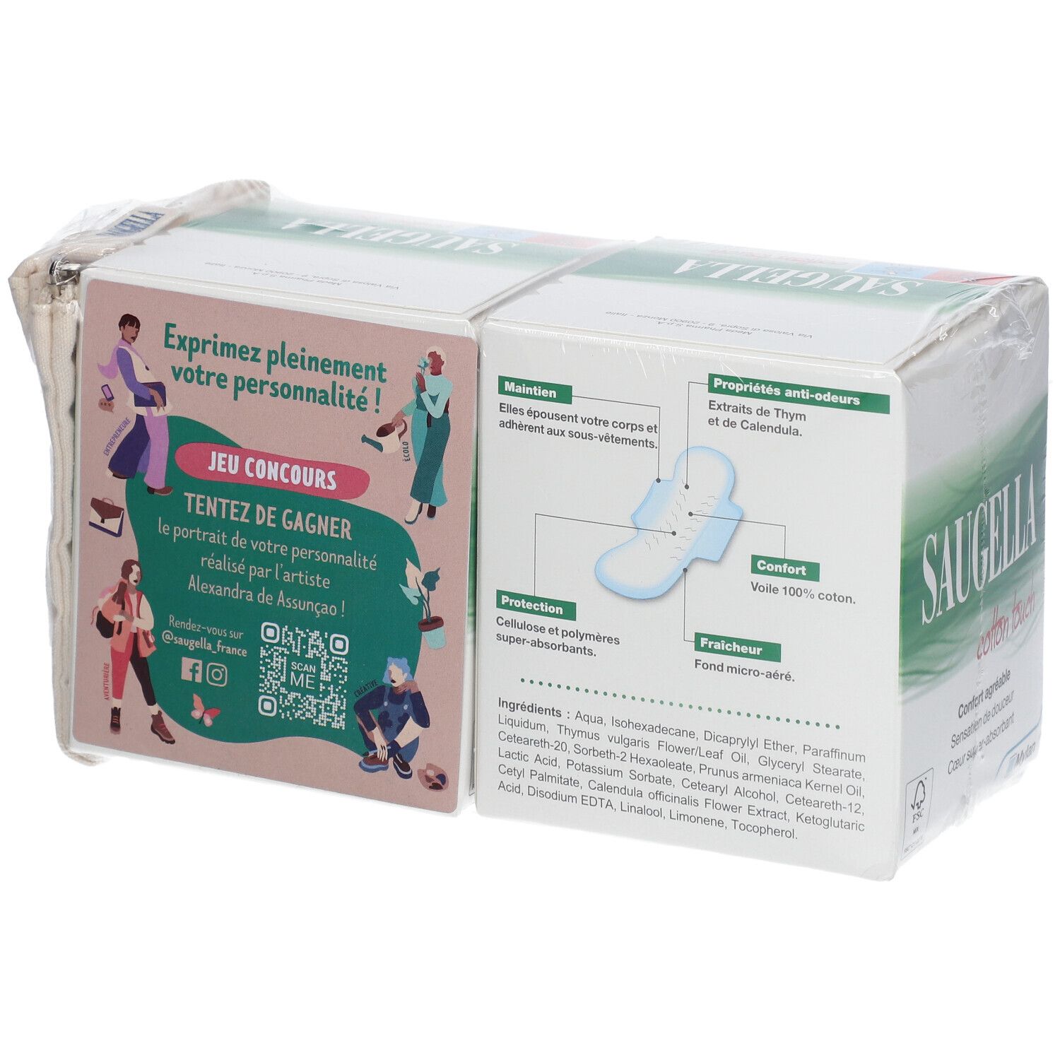 Rückseite der Saugella Binden Verpackung. Produktinformationen, Inhaltsstoffe, Illustrationen und Wettbewerbsdetails sind sichtbar.