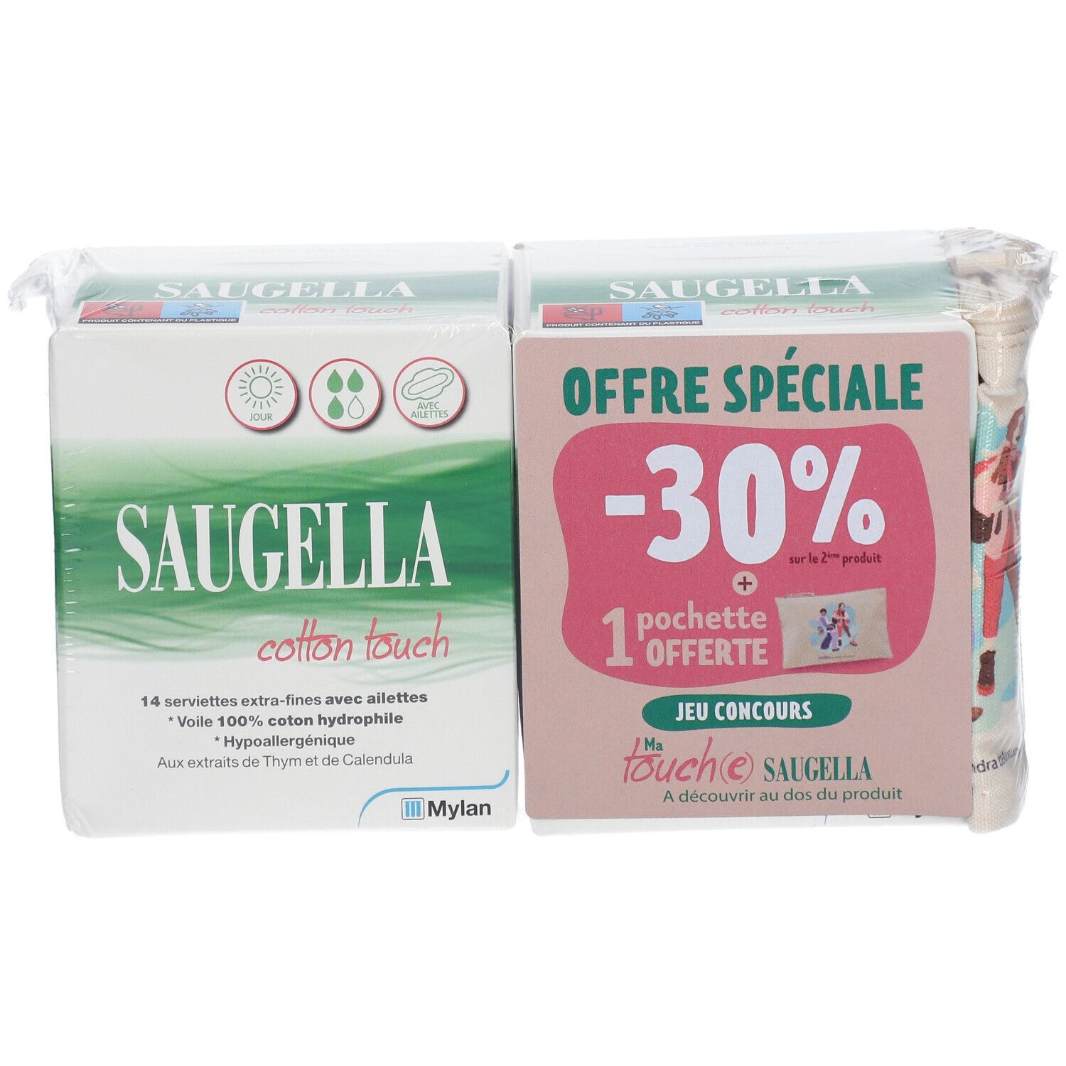 Verpackung von Saugella Binden. Zwei Kartons, in Folie verpackt. Produktname, Logo und Werbebotschaft sind deutlich sichtbar.