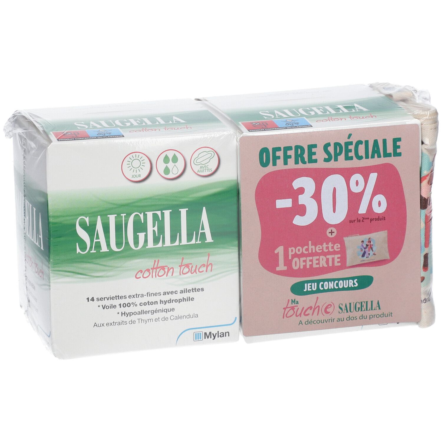 Verpackung von Saugella Binden. Zwei Kartons, in Folie verpackt. Produktname, Logo und Werbebotschaft sind deutlich sichtbar.