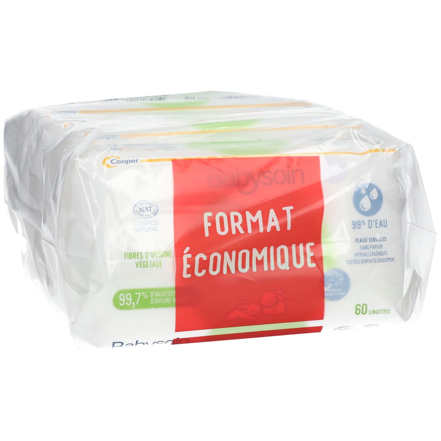 BABYSOIN - Wasserbasierte Tücher mit ZERTIFIZIERTER COSMOS NATURAL - Körper, Gesicht, Sitz - Parfümfrei - Beutel 60X4