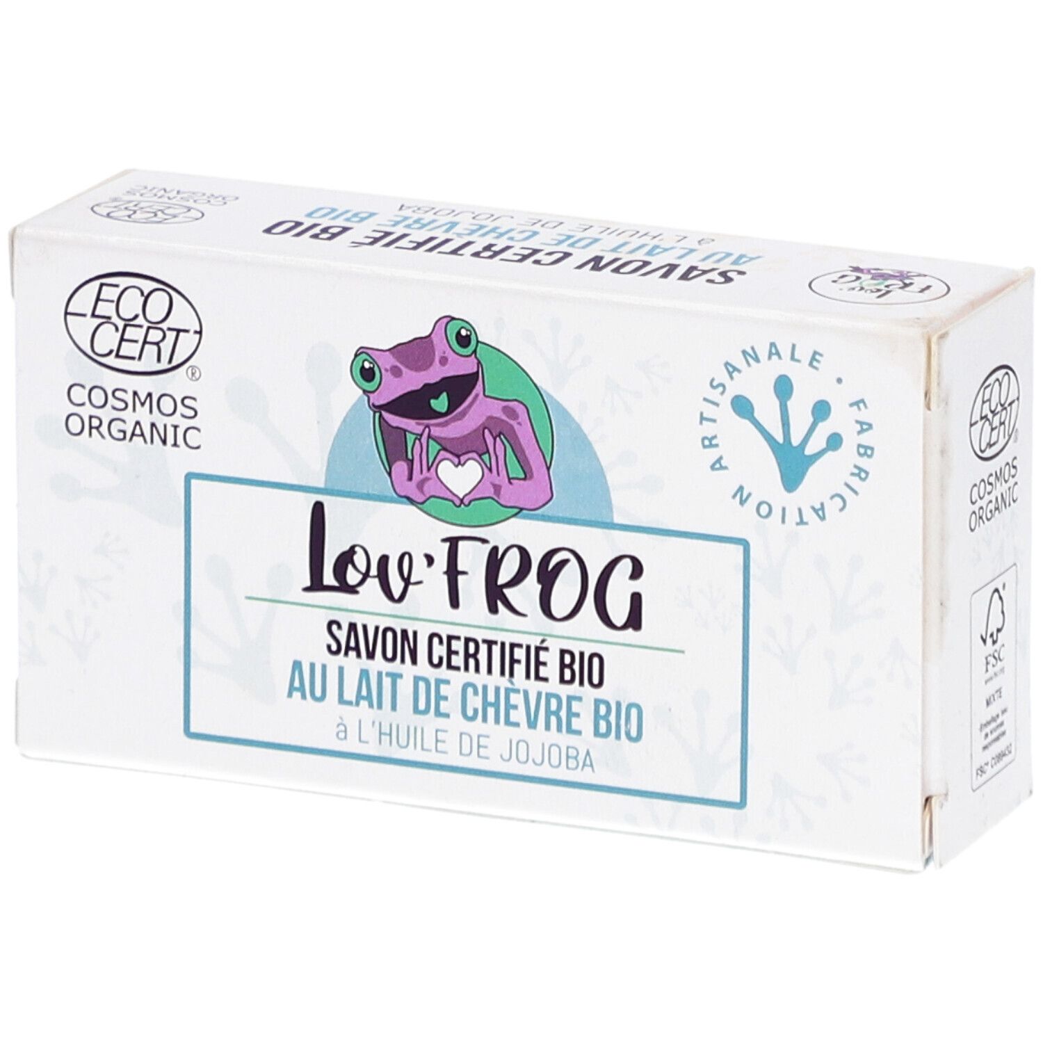Boîte blanche avec logo Lov'Frog, illustration de grenouille et texte : Savon Certifié Bio au Lait de Chèvre Bio.