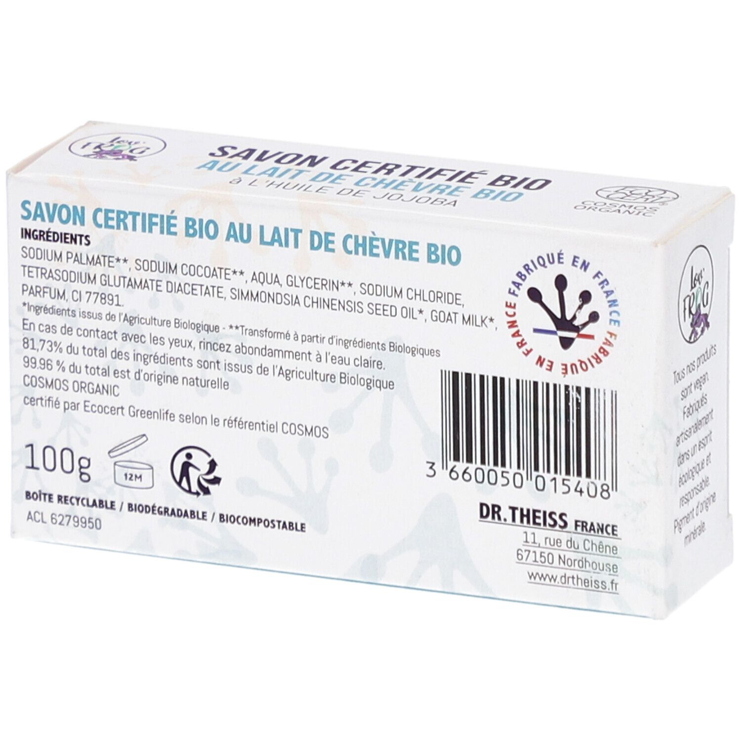Dos de la boîte blanche avec ingrédients, code-barres, adresse du fabricant et texte : Savon Certifié Bio au Lait de Chèvre Bio.
