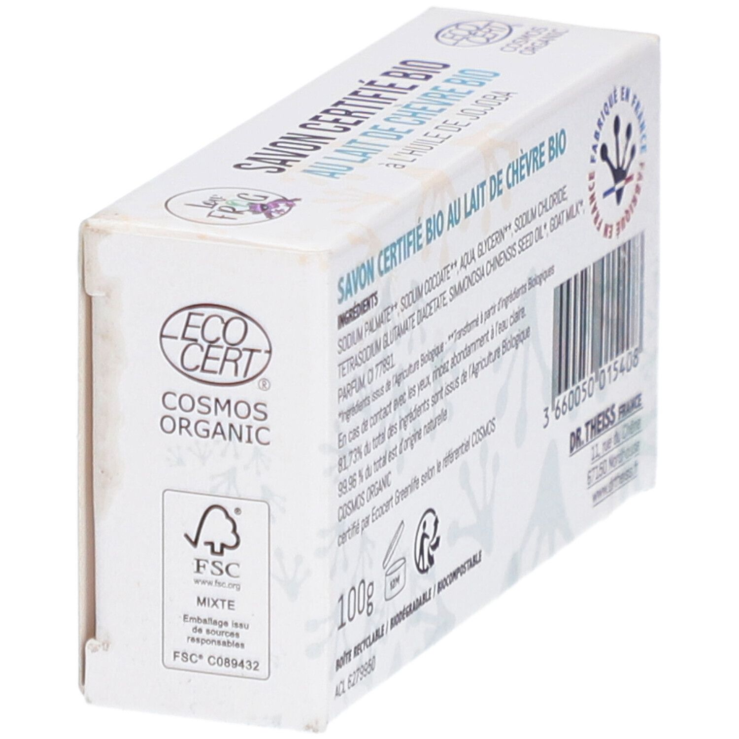 Boîte blanche avec logo EcoCert, logo FSC et texte : Savon Certifié Bio au Lait de Chèvre Bio. 100g.
