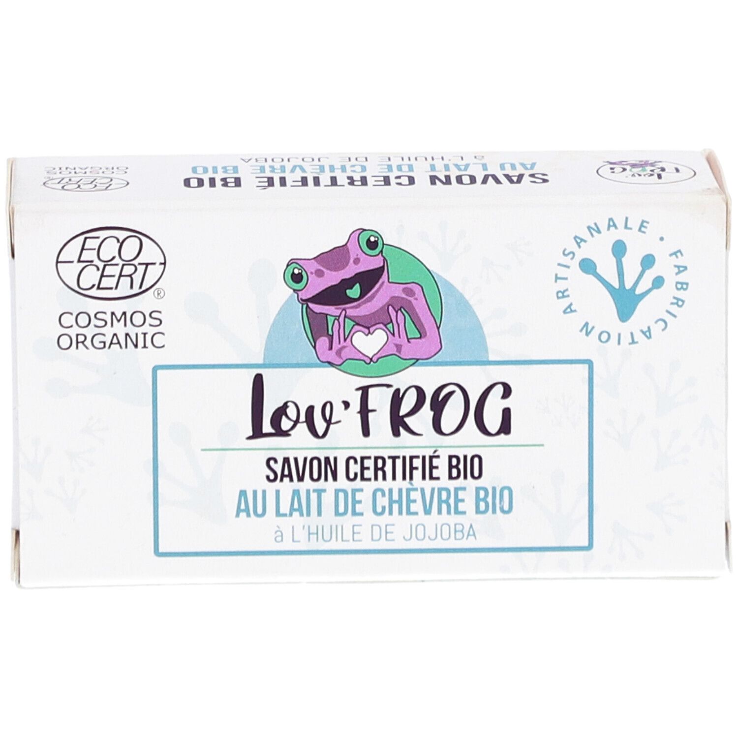 Boîte blanche avec logo Lov'Frog, illustration de grenouille et texte : Savon Certifié Bio au Lait de Chèvre Bio. Logo EcoCert.