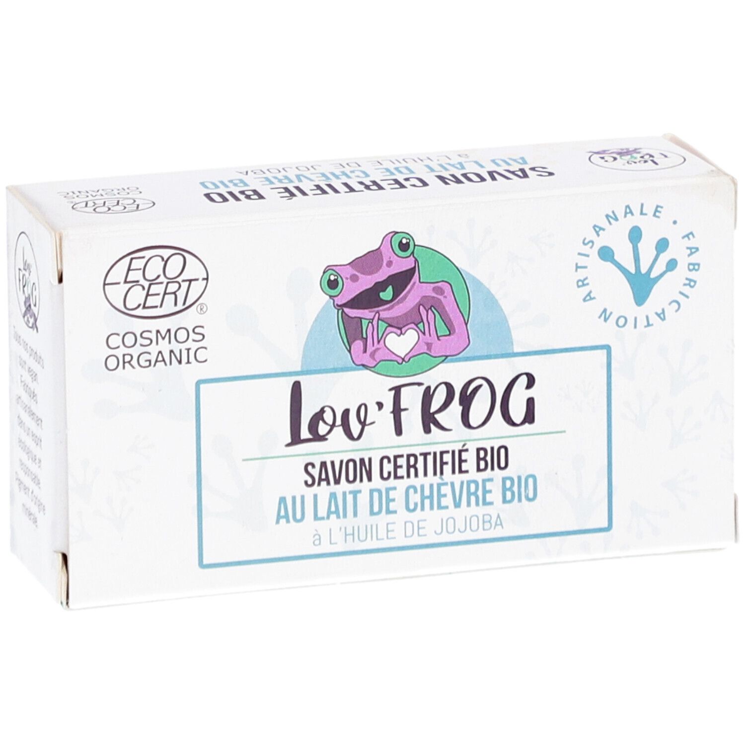 Boîte blanche avec logo Lov'Frog, illustration de grenouille et texte : Savon Certifié Bio au Lait de Chèvre Bio. Logo EcoCert.