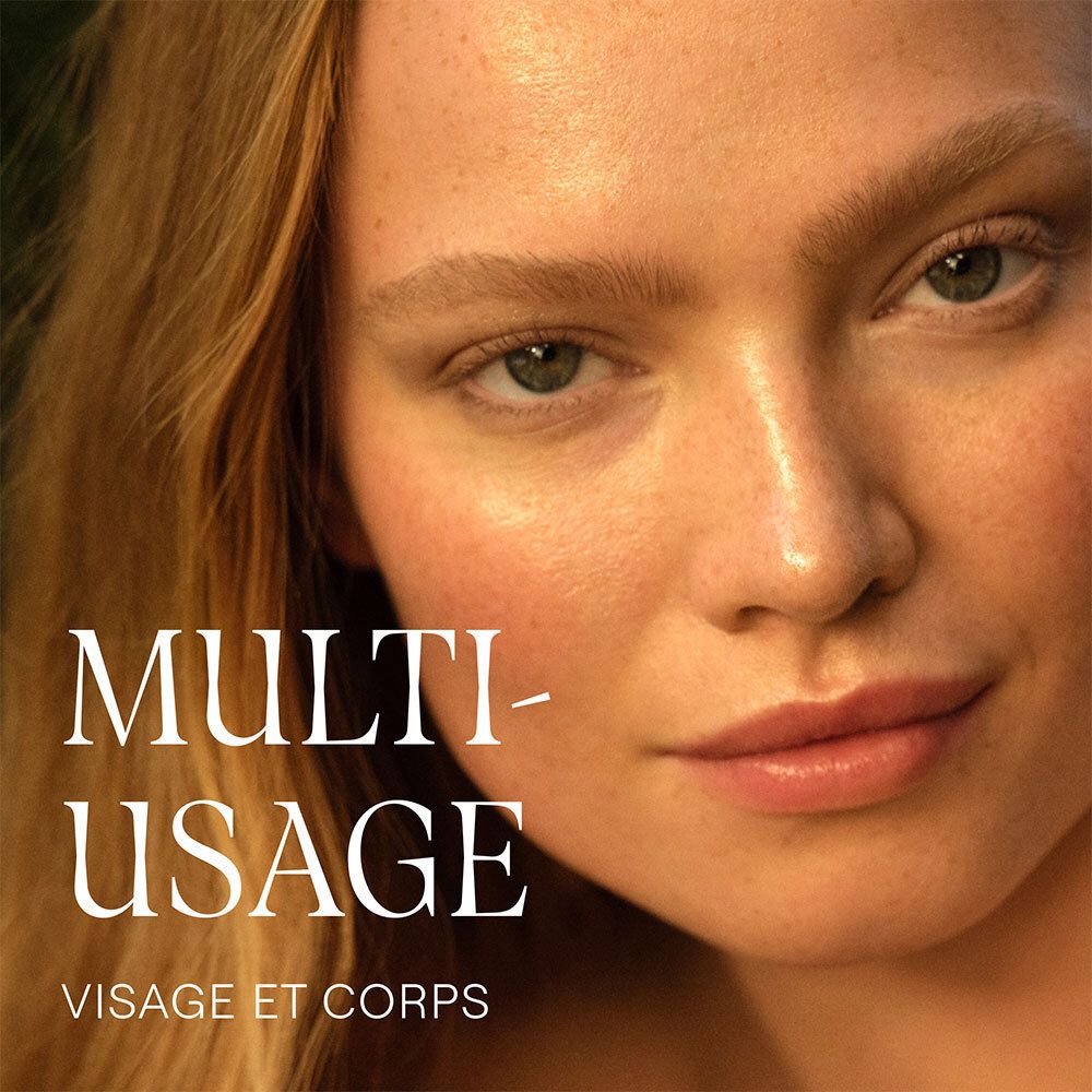 Nahaufnahme eines Gesichts. Aufschrift: MULTI-USAGE VISAGE ET CORPS.