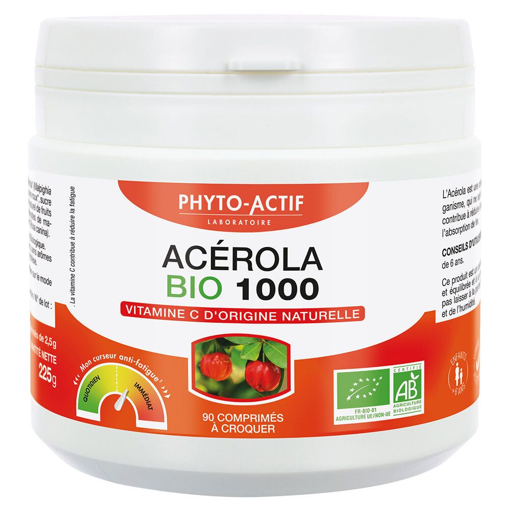Weißes Produktglas mit rotem Etikett. Aufschrift: Acérola Bio 1000, Vitamin C. Mit Bio-Siegel. 90 Tabletten.