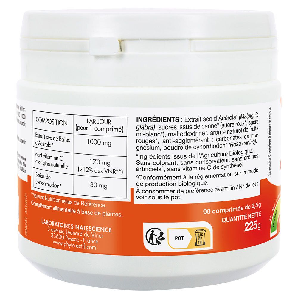 Rückseite des weißen Produkttiegels. Rotes Etikett mit Inhaltsstoffen und Nährwertangaben. 90 Tabletten, 225g.