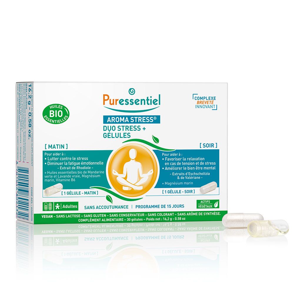 Schachtel mit Puressentiel AROMA STRESS® Gélules Duo Stress +. Enthält Kapseln. Bio-Zertifizierung.