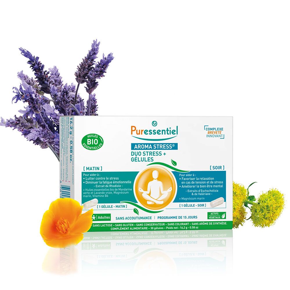 Puressentiel AROMA STRESS® Gélules Duo Stress + Packung mit Lavendel und Blumen. Bio-Zertifizierung.