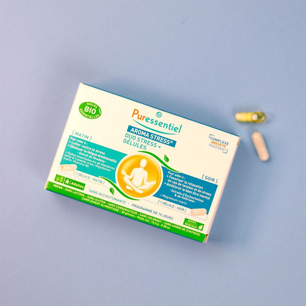 Puressentiel AROMA STRESS® Gélules Duo Stress + Packung mit Kapseln. Auf blauem Hintergrund.