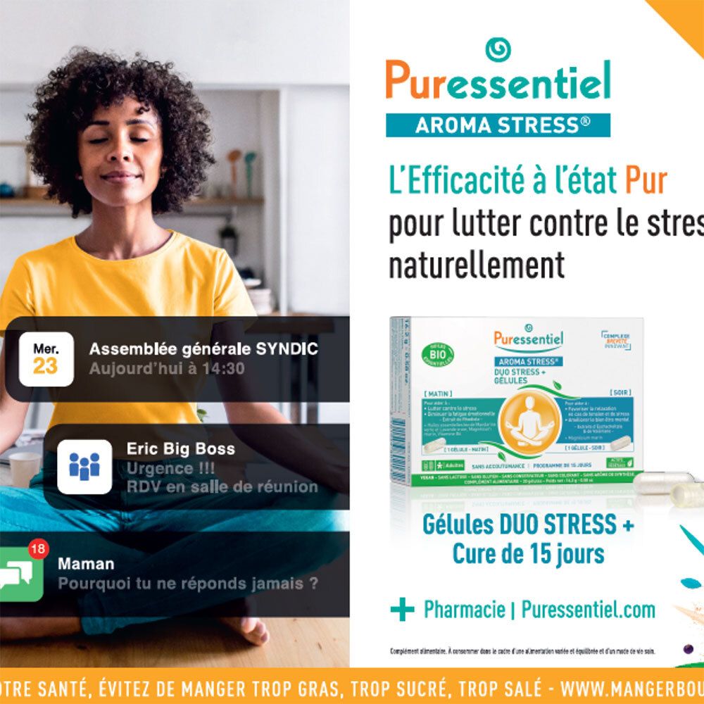 Werbeanzeige für Puressentiel AROMA STRESS®. Box und Kapseln. Text und Logo.
