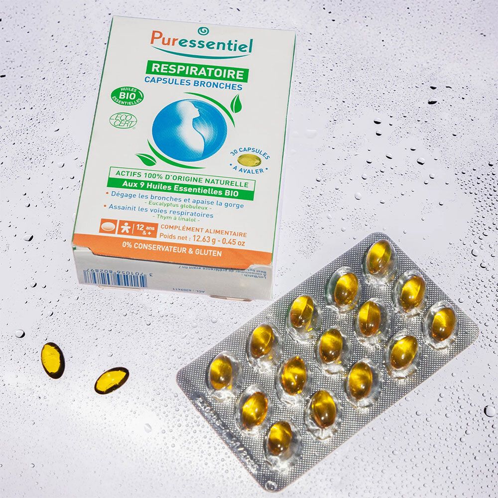 Boîte de capsules. Marque PURESSENTIEL. Texte: RESPIRATOIRE CAPSULES BRONCHES. 30 capsules. ECO CERT.