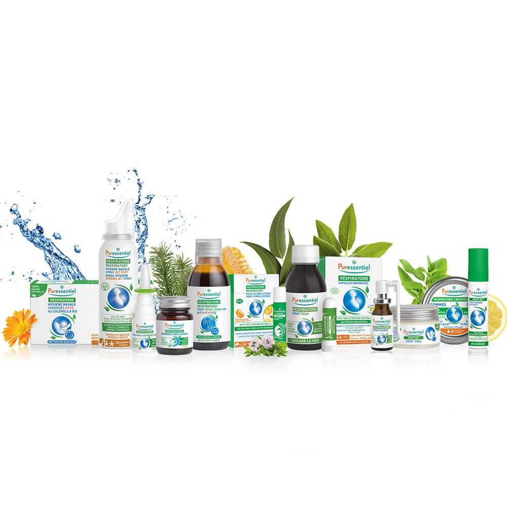 Verschiedene Produkte der Marke. Flaschen, Sprays, Pastillenpackungen. Aufschrift: RESPIRATOIRE.