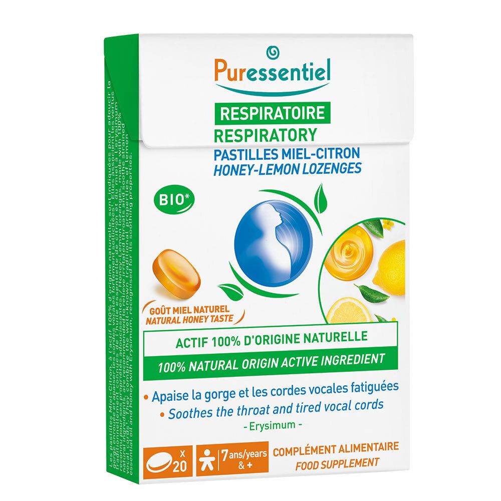 Verpackung mit Pastillen. Aufschrift: RESPIRATOIRE, Pastilles Miel-Citron. Bio-Zertifizierung. 20 Pastillen.