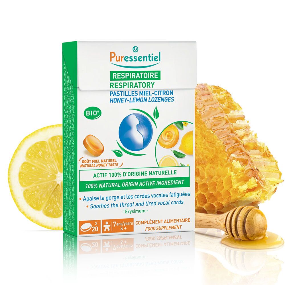 Verpackung mit Pastillen, Zitrone, Honigwabe. Aufschrift: RESPIRATOIRE, Pastilles Miel-Citron. Bio-Zertifizierung.
