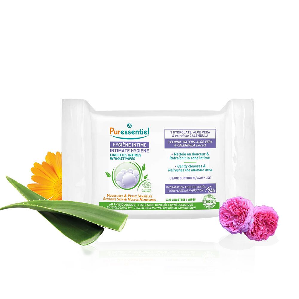 Packung Intim-Reinigungstücher mit Aloe Vera, Ringelblume und Rosen. Text: HYGIÈNE INTIME, 25 Tücher, 24h Feuchtigkeit. Bio-Zertifizierung.