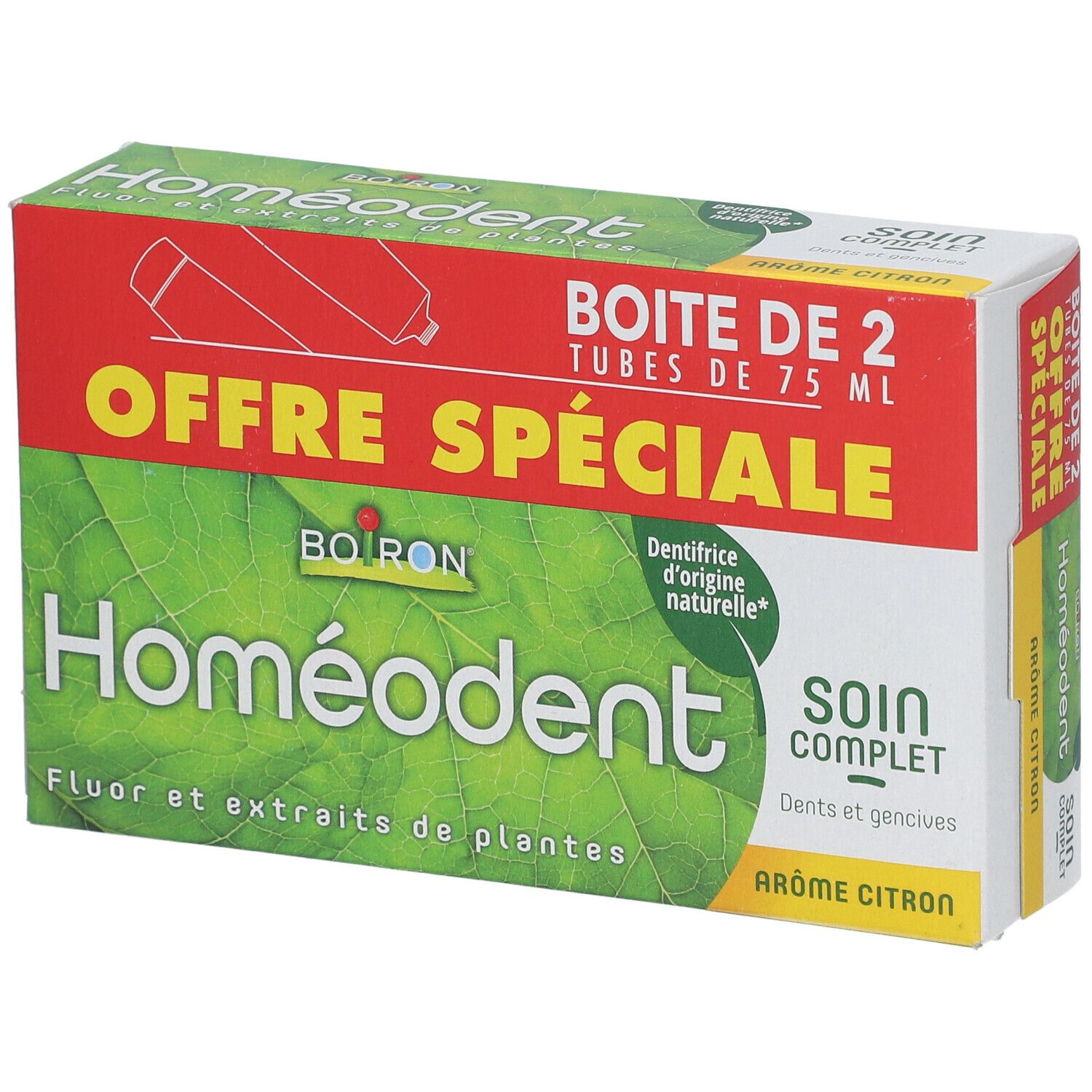 Boîte Homéodent, fond vert, texte rouge. Offre Spéciale, Boîte de 2 tubes de 75 ml, Soin Complet, Arôme Citron. Ingrédients naturels.