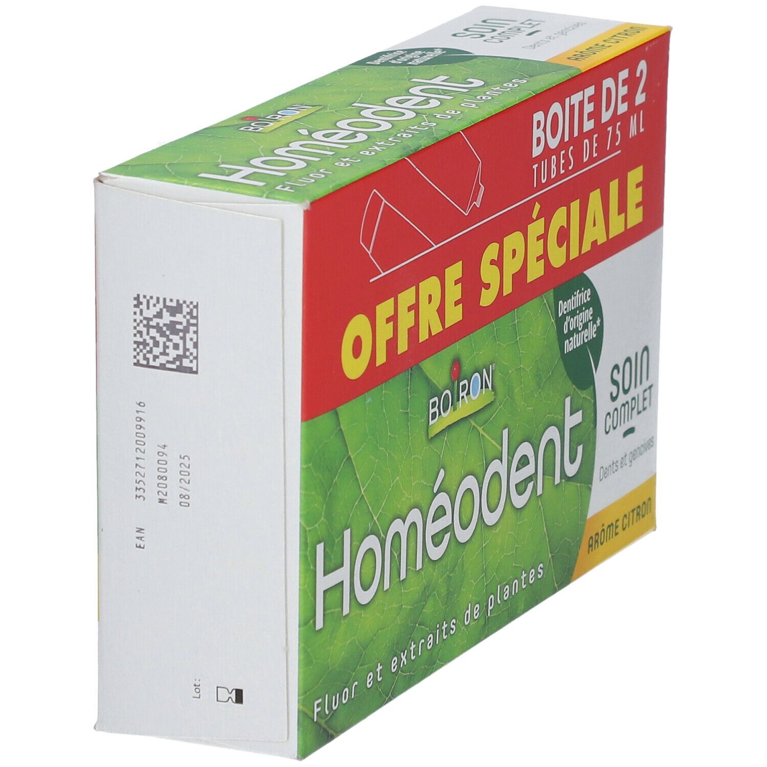 Boîte Homéodent en biais. Vert, rouge, blanc. Texte: Offre Spéciale, Boîte de 2 tubes de 75 ml. Code-barres et informations sur le côté.