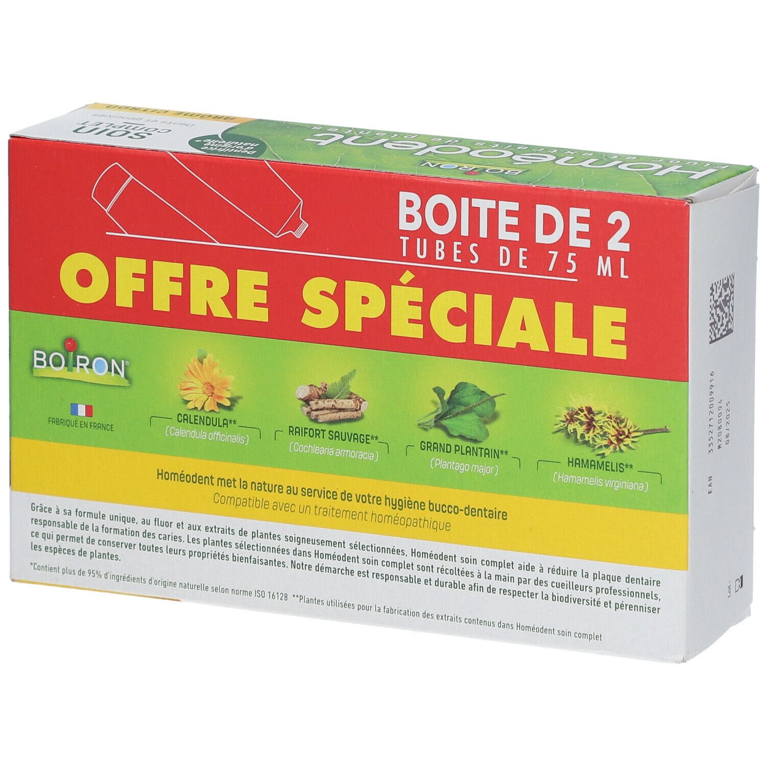 Dos de la boîte Homéodent. Illustrations de plantes, texte: Offre Spéciale, Boîte de 2 tubes de 75 ml. Ingrédients et informations.