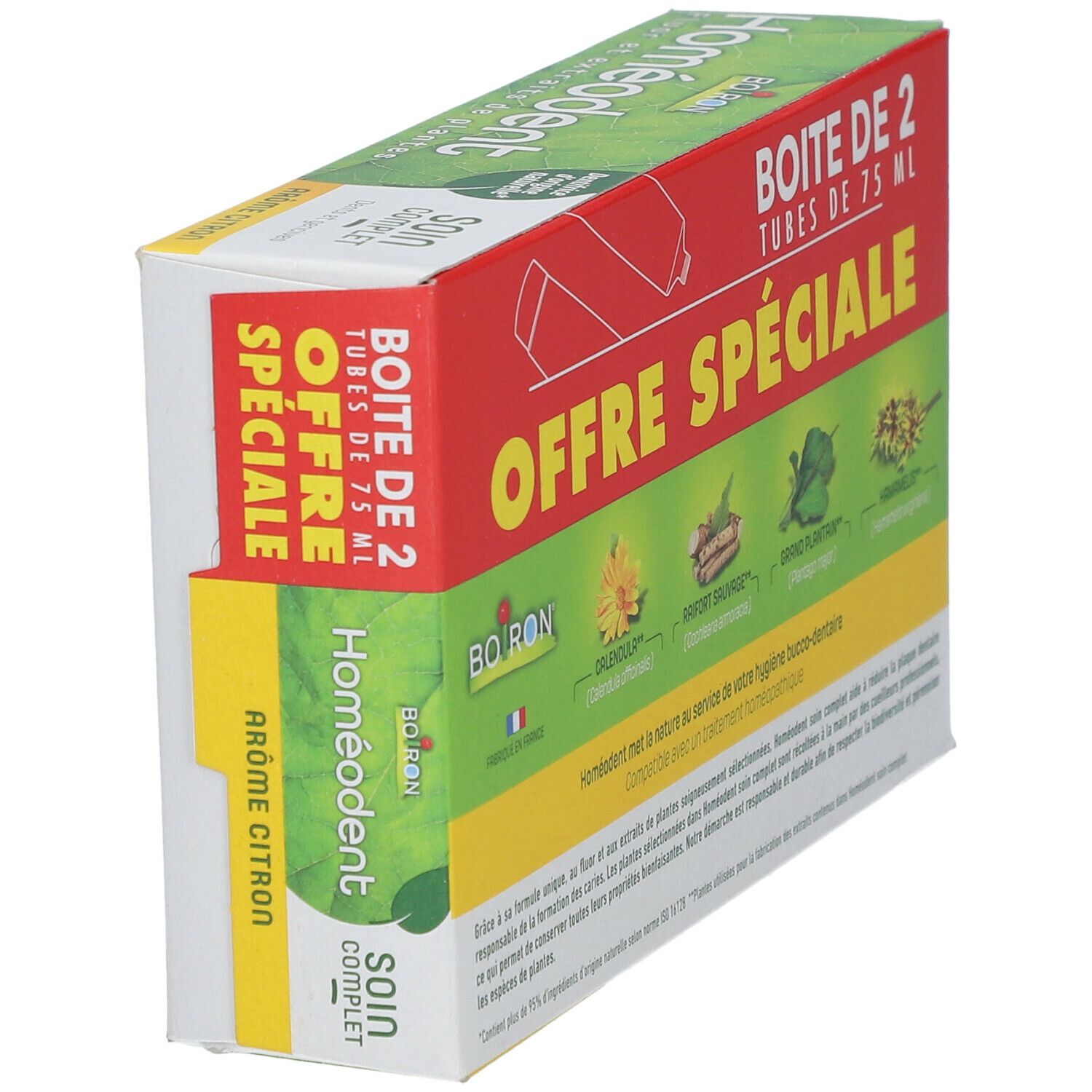 Boîte Homéodent en biais. Vert, rouge, jaune. Texte: Offre Spéciale, Boîte de 2 tubes de 75 ml. Arôme Citron. Emballage supplémentaire.