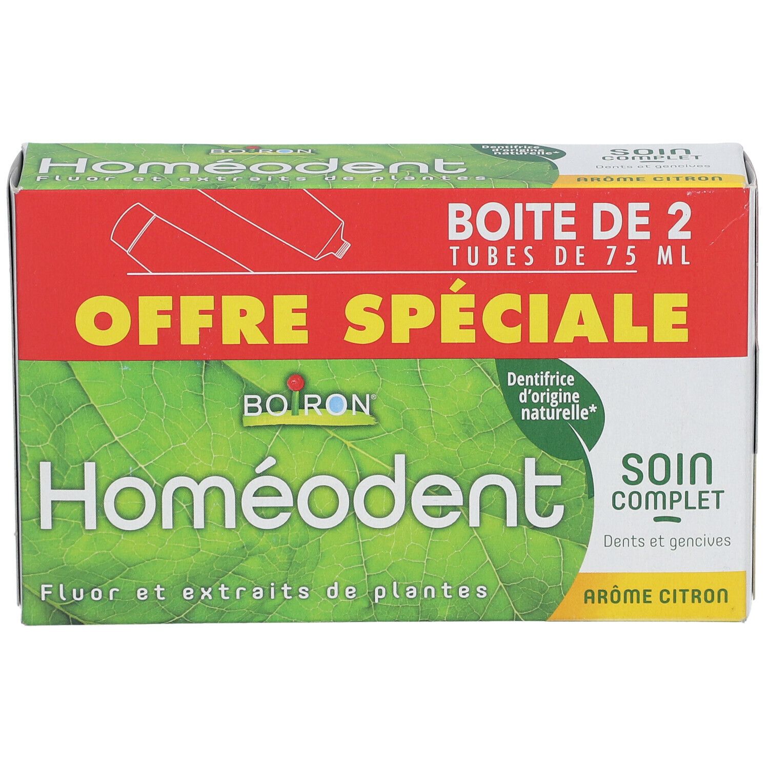 Boîte Homéodent, vert, rouge. Texte: Offre Spéciale, Boîte de 2 tubes de 75 ml, Soin Complet, Arôme Citron. Ingrédients naturels.